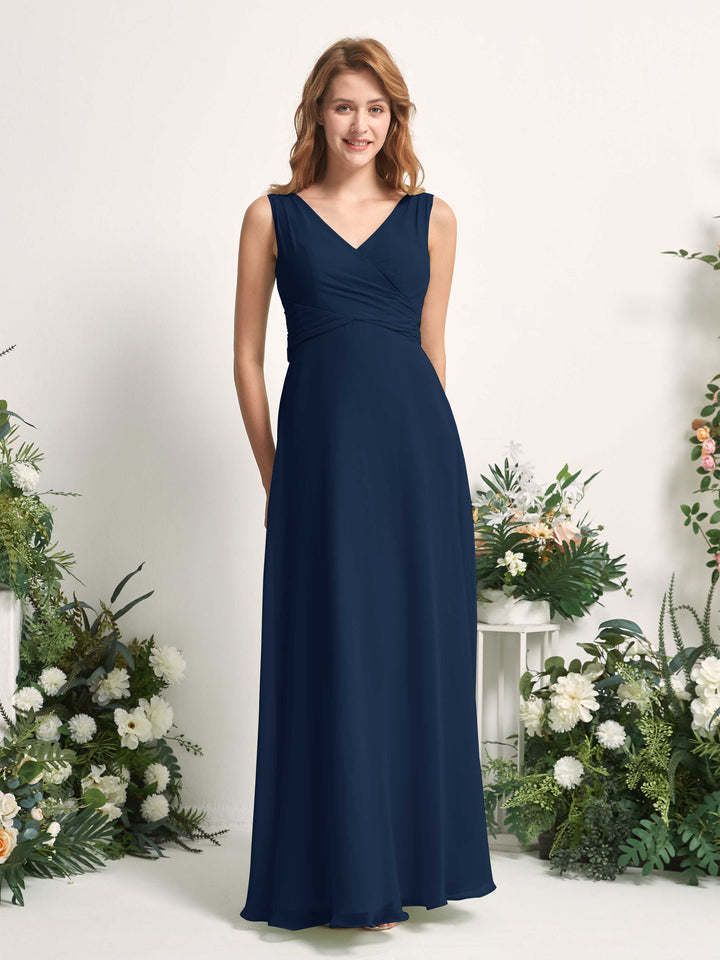 Bridesmaid Dress A-line Chiffon Straps Full Length Sleeveless Wedding Party Dress - Navy (81227313)