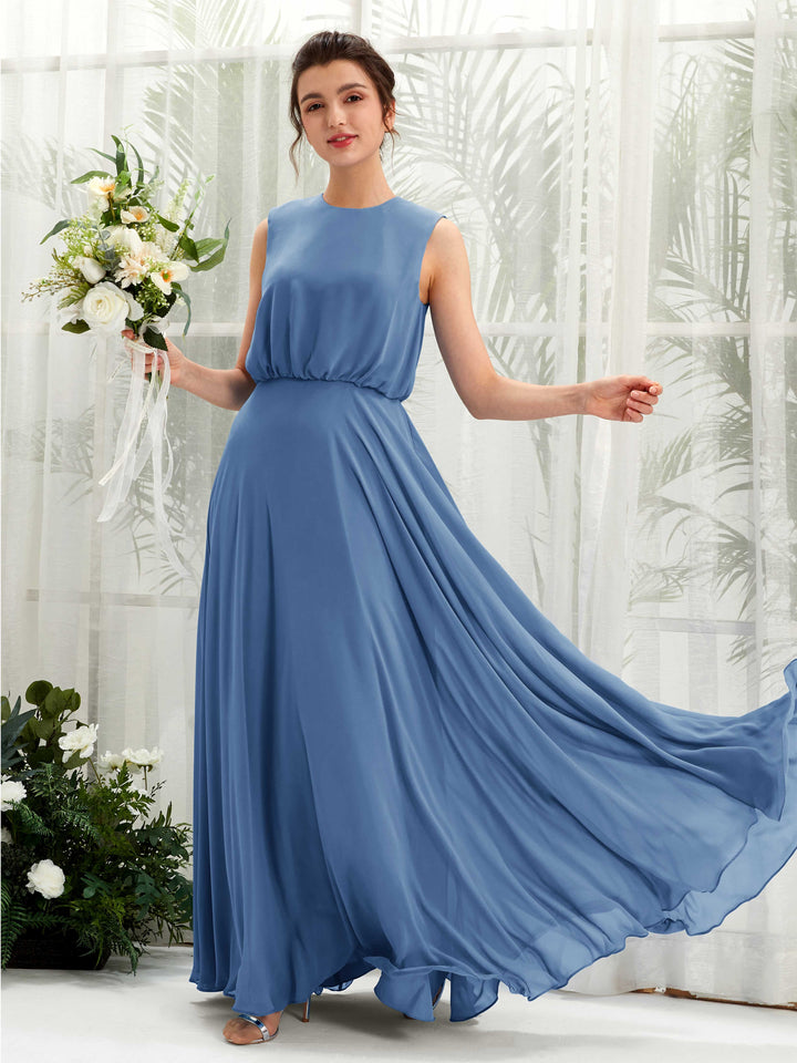 Dusty Blue Bridesmaid Dresses Bridesmaid Dress A-line Chiffon Round Full Length Sleeveless Wedding Party Dress (81222810)