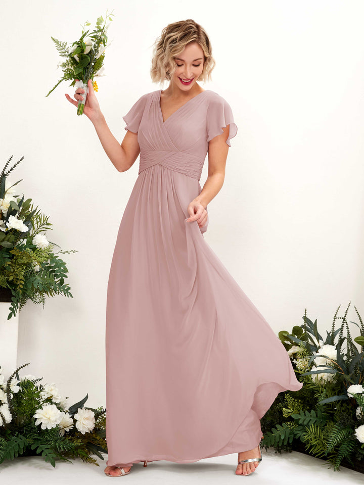 Dusty Rose Bridesmaid Dresses Bridesmaid Dress A-line Chiffon V-neck Full Length Short Sleeves Wedding Party Dress (81224309)