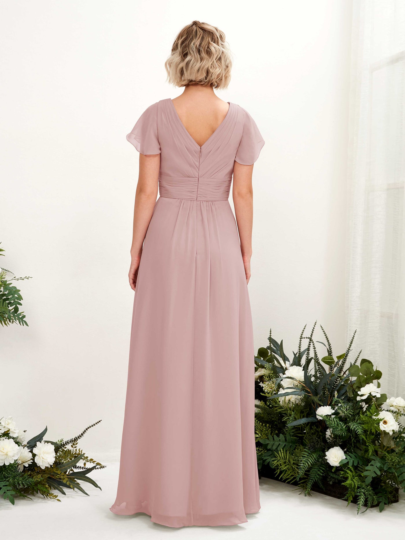 Dusty Rose Bridesmaid Dresses Bridesmaid Dress A-line Chiffon V-neck Full Length Short Sleeves Wedding Party Dress (81224309)#color_dusty-rose