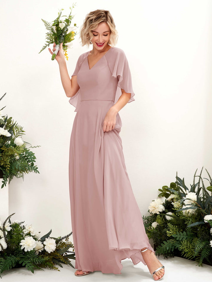 Dusty Rose Bridesmaid Dresses Bridesmaid Dress A-line Chiffon V-neck Full Length Short Sleeves Wedding Party Dress (81224409)
