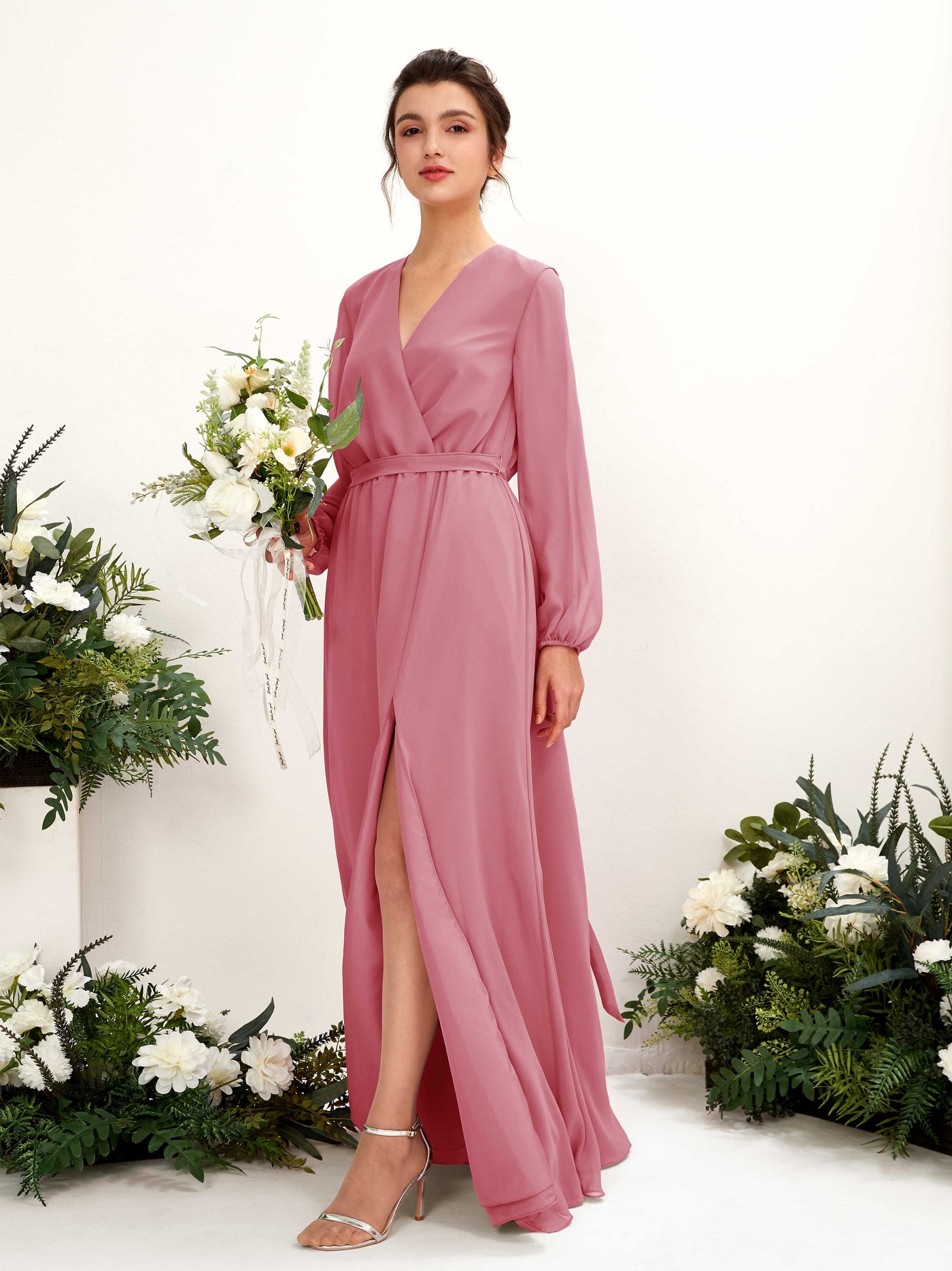 Desert Rose Bridesmaid Dresses Bridesmaid Dress A-line Chiffon V-neck Full Length Long Sleeves Wedding Party Dress (81223211)#color_desert-rose