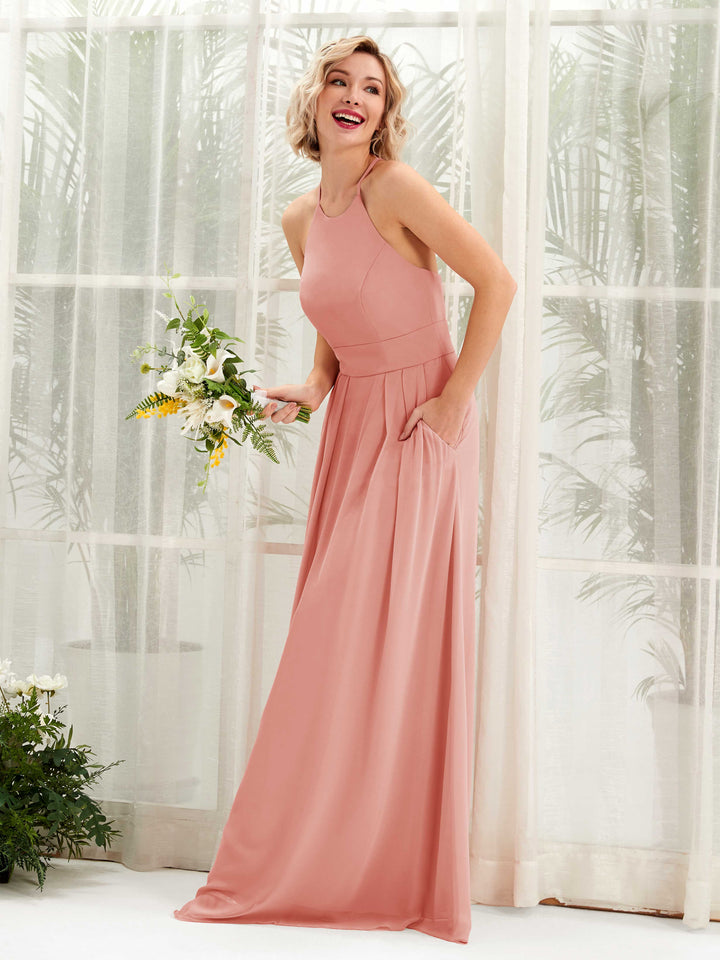 Champagne Rose Bridesmaid Dresses Bridesmaid Dress A-line Chiffon Halter Full Length Sleeveless Wedding Party Dress (81225206)