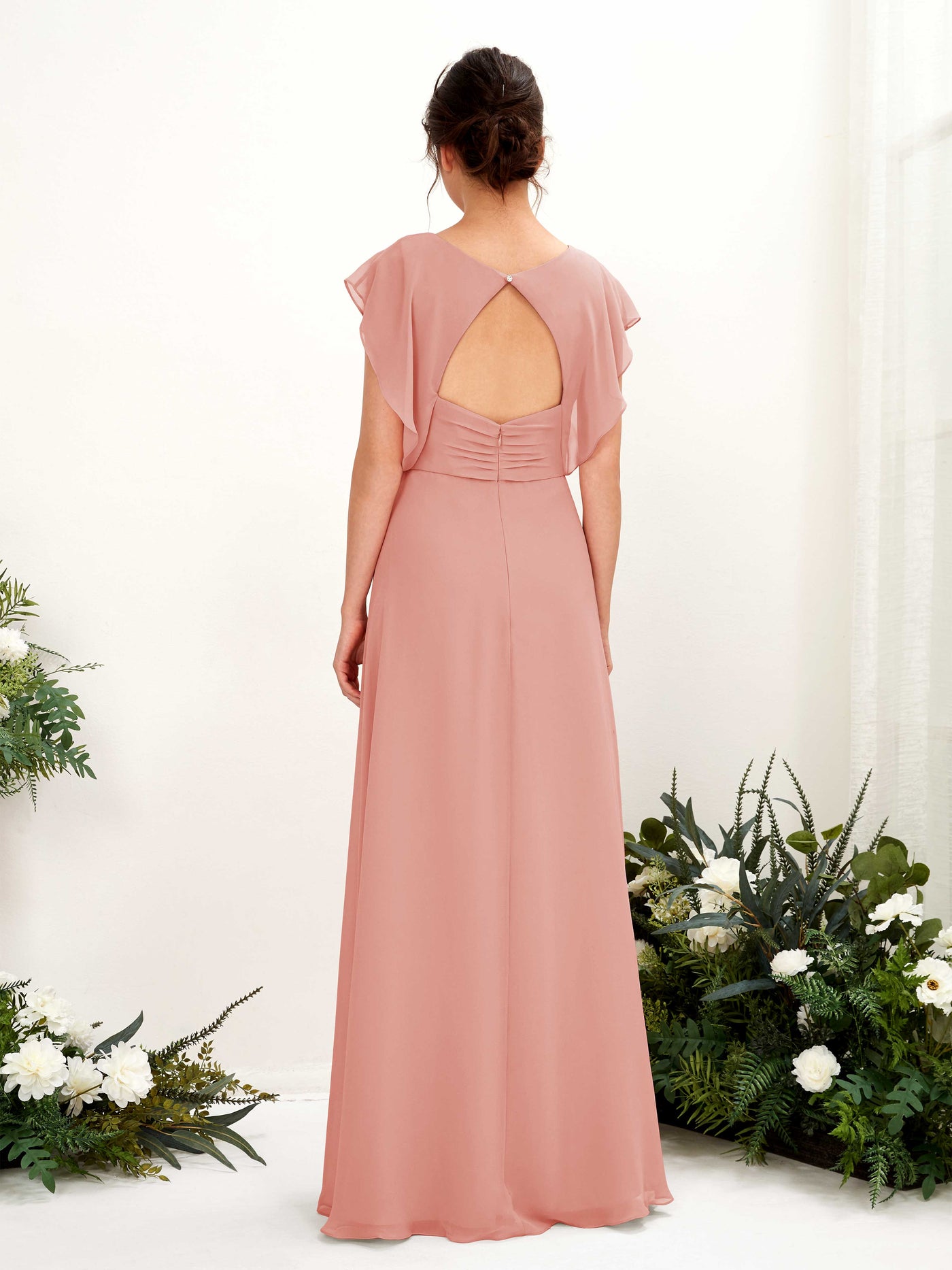 Champagne Rose Bridesmaid Dresses Bridesmaid Dress A-line Chiffon V-neck Full Length Short Sleeves Wedding Party Dress (81225606)#color_champagne-rose