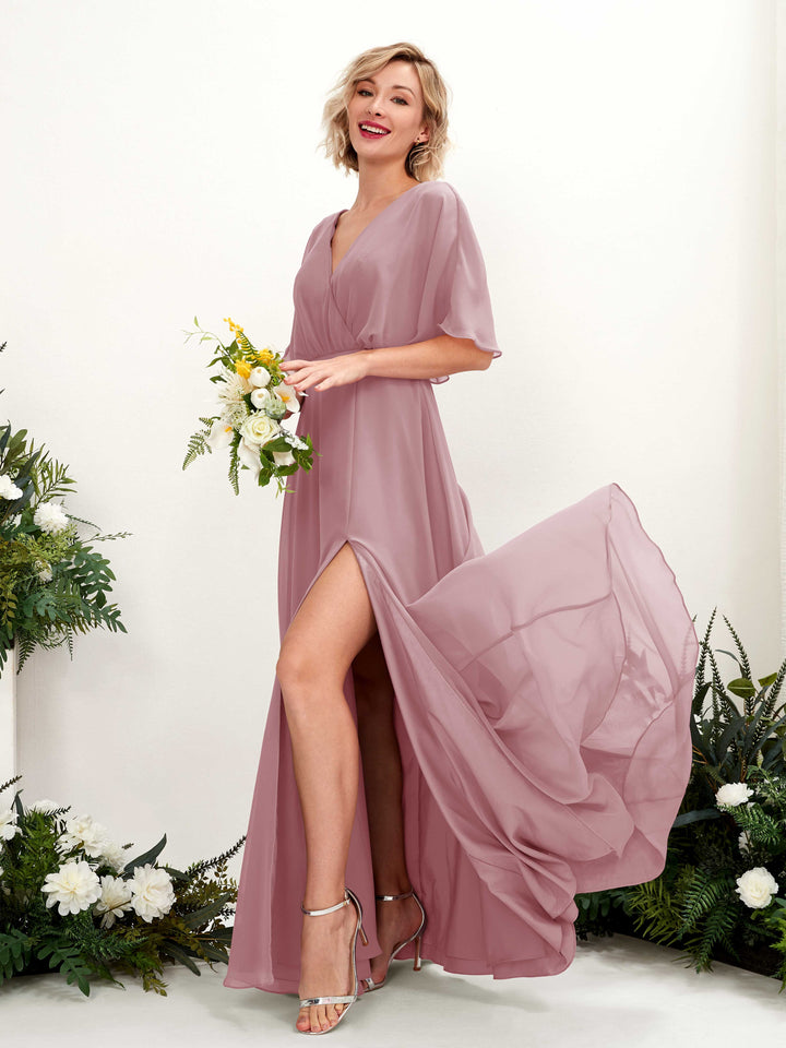 Vintage Mauve Bridesmaid Dresses Bridesmaid Dress A-line Chiffon V-neck Full Length Short Sleeves Wedding Party Dress (81225101)