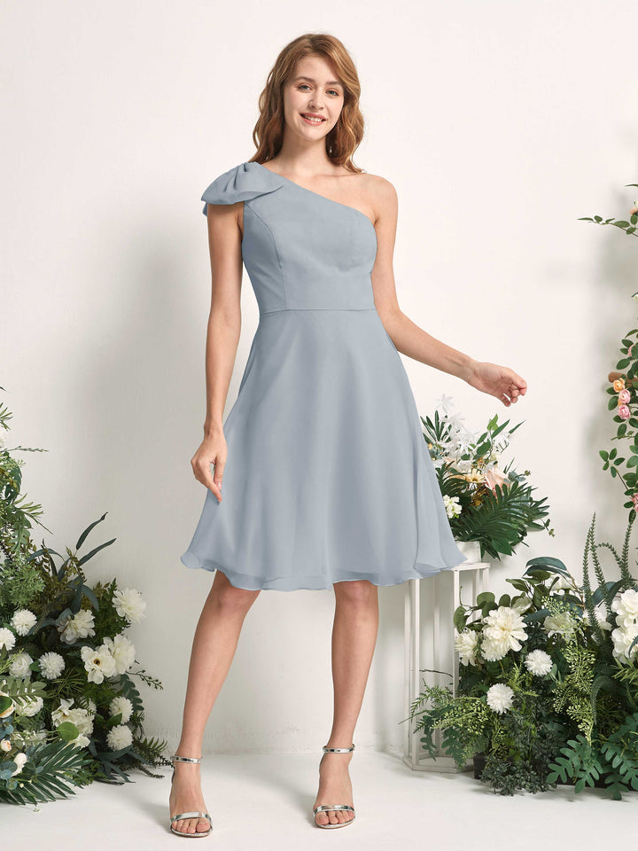 Bridesmaid Dress A-line Chiffon One Shoulder Knee Length Sleeveless Wedding Party Dress - Dusty Blue-Upgrade (81227004)