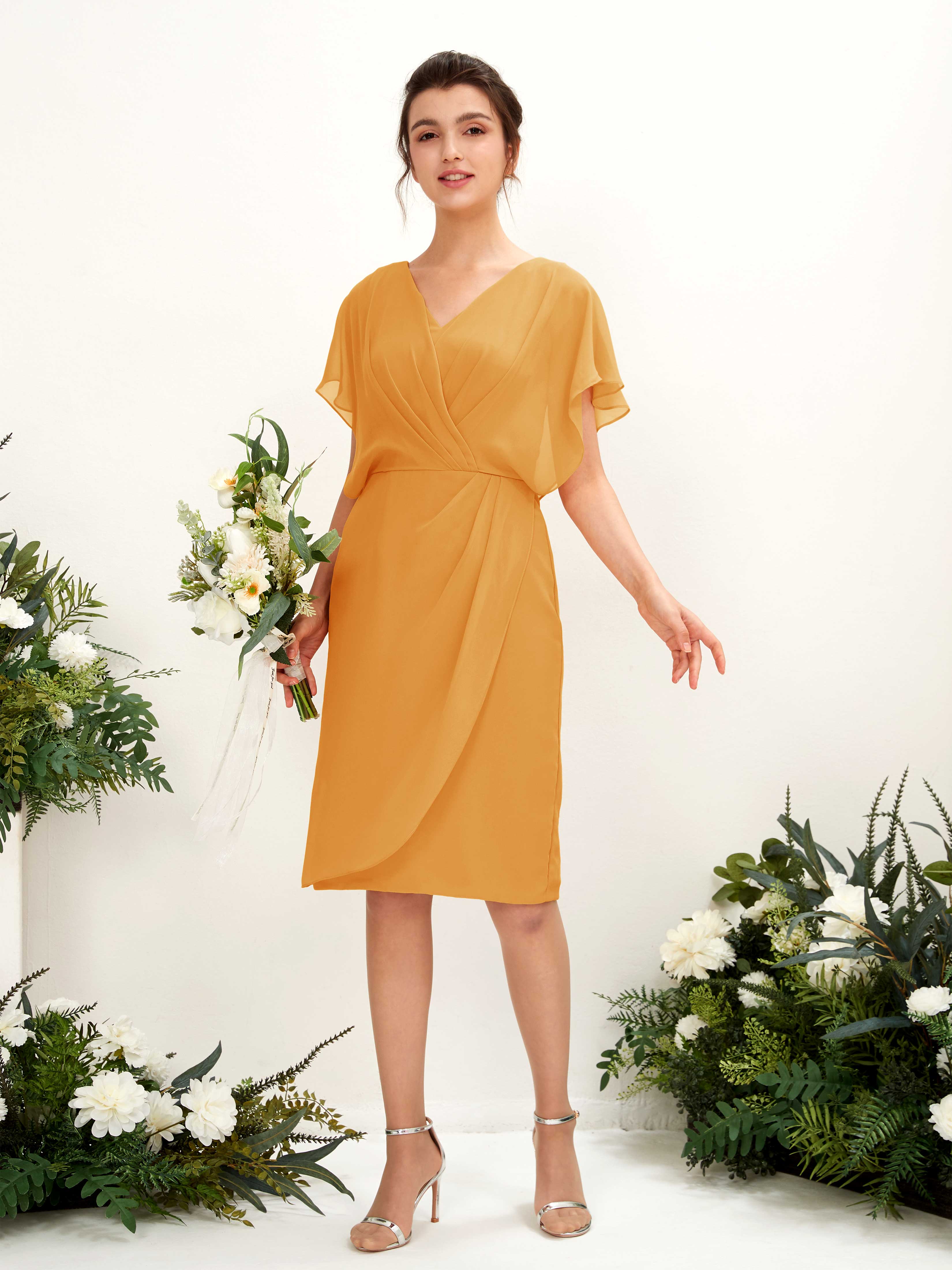 Mustard Yellow Chiffon V-Neck Bridesmaid Dress Sheath Knee-Length | Carlyna Mustard Yellow Chiffon V-Neck Bridesmaid Dress Sheath Knee-Length | Carlyna