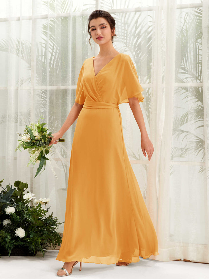 Mango Bridesmaid Dresses Bridesmaid Dress A-line Chiffon V-neck Full Length Short Sleeves Wedding Party Dress (81222402)