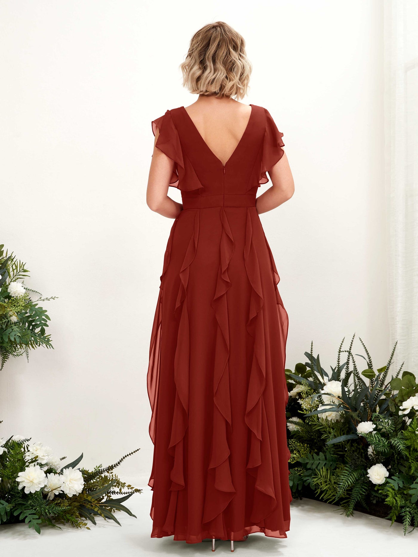 Rust Bridesmaid Dresses Bridesmaid Dress A-line Chiffon V-neck Full Length Short Sleeves Wedding Party Dress (81226019)#color_rust