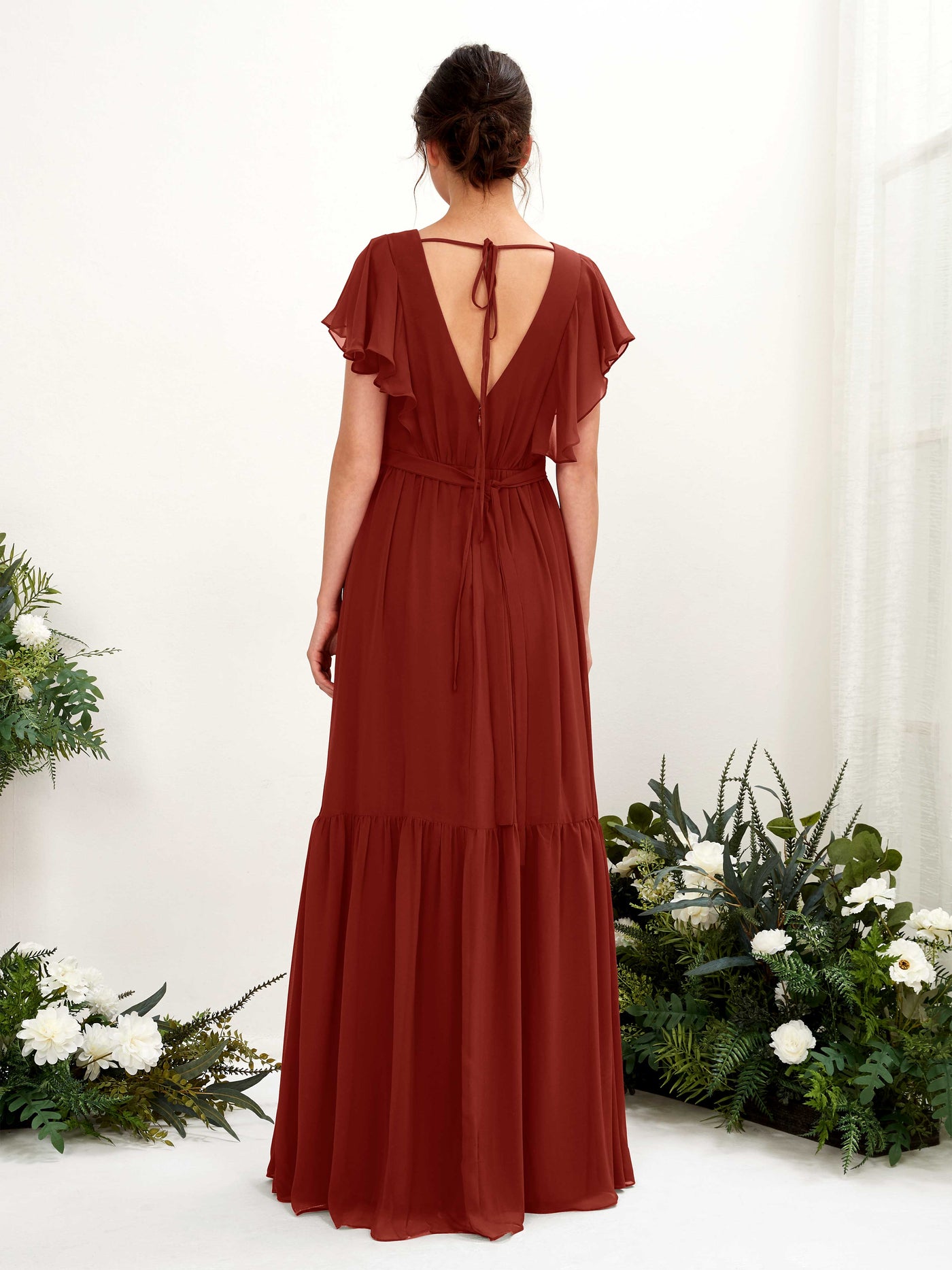 Rust Bridesmaid Dresses Bridesmaid Dress A-line Chiffon V-neck Full Length Short Sleeves Wedding Party Dress (81225919)#color_rust