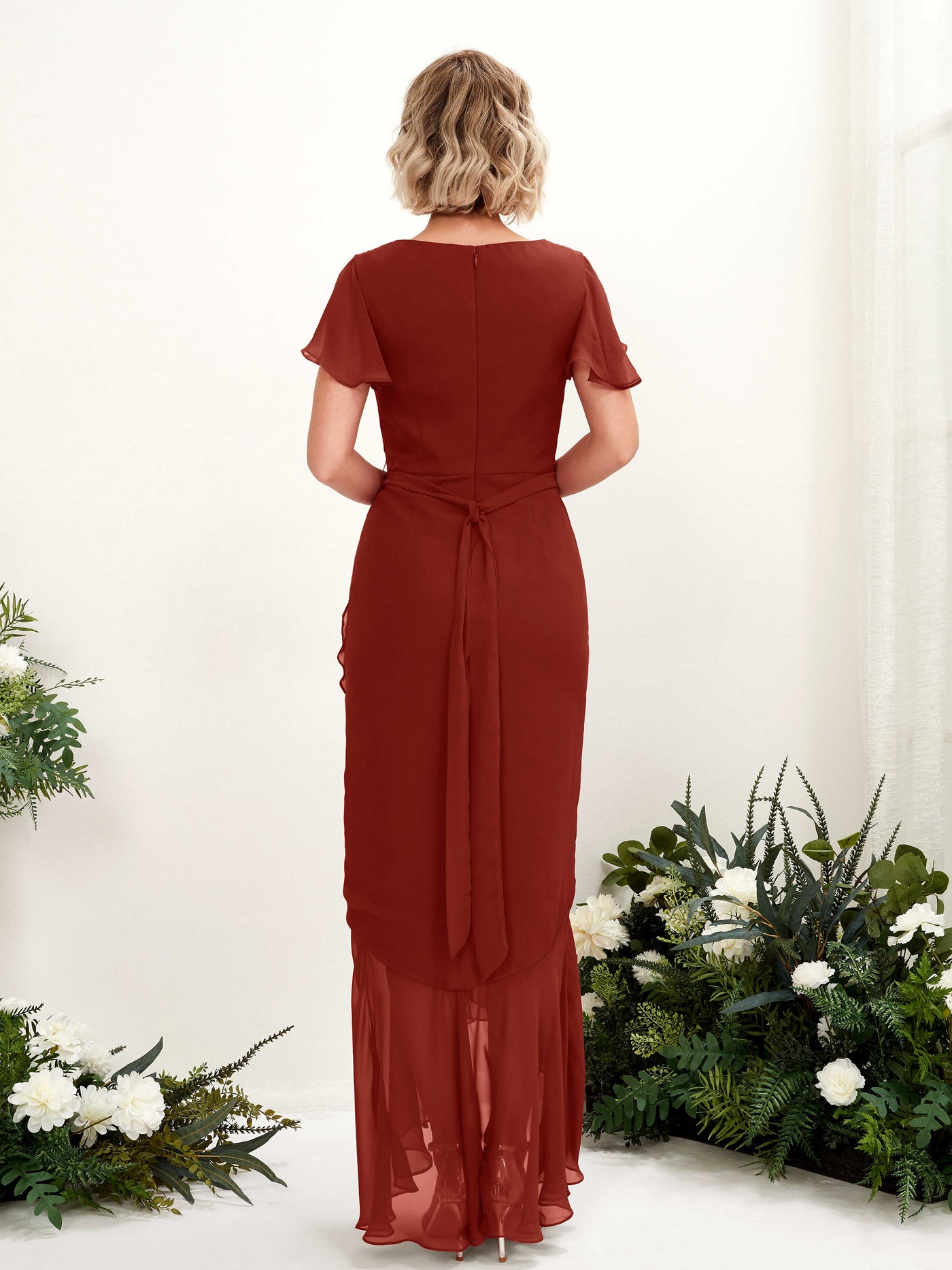 V-neck Short Sleeves Chiffon Bridesmaid Dress - Rust (81226219)#color_rust