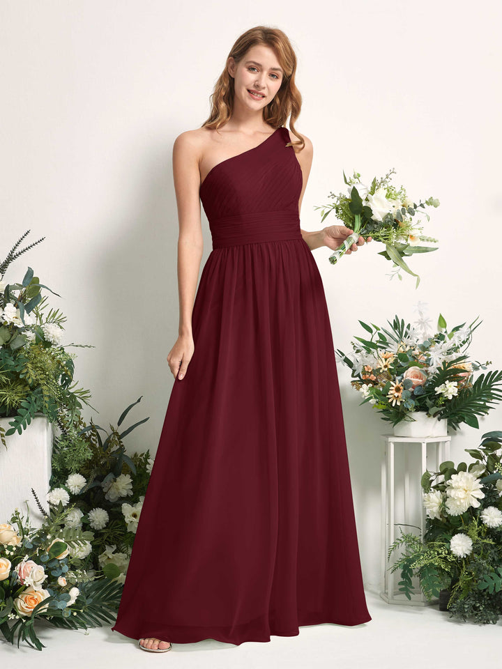 Bridesmaid Dress A-line Chiffon One Shoulder Full Length Sleeveless Wedding Party Dress - Burgundy (81226712)