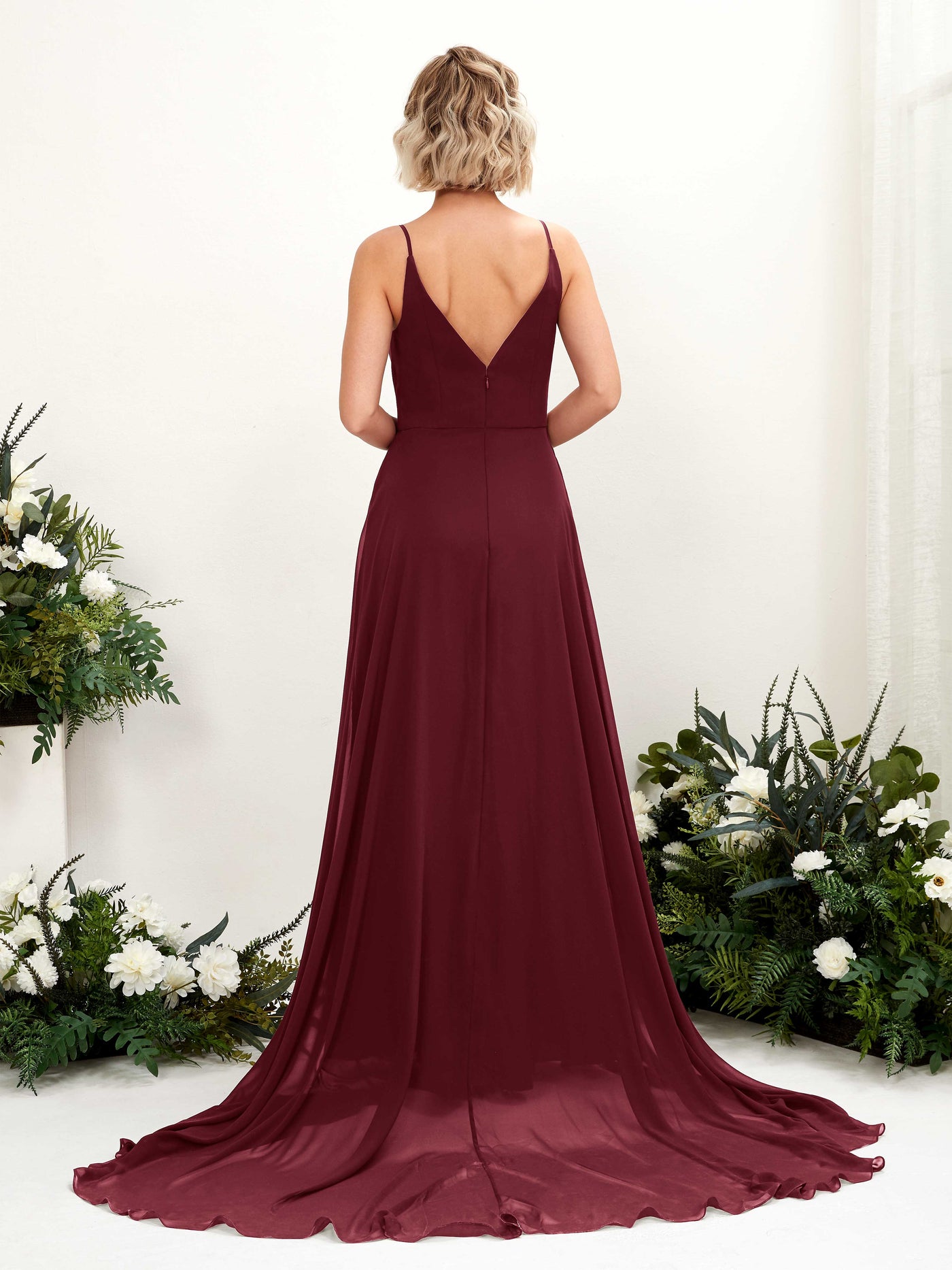 Burgundy Bridesmaid Dresses Bridesmaid Dress A-line Chiffon V-neck Full Length Sleeveless Wedding Party Dress (81224112)#color_burgundy