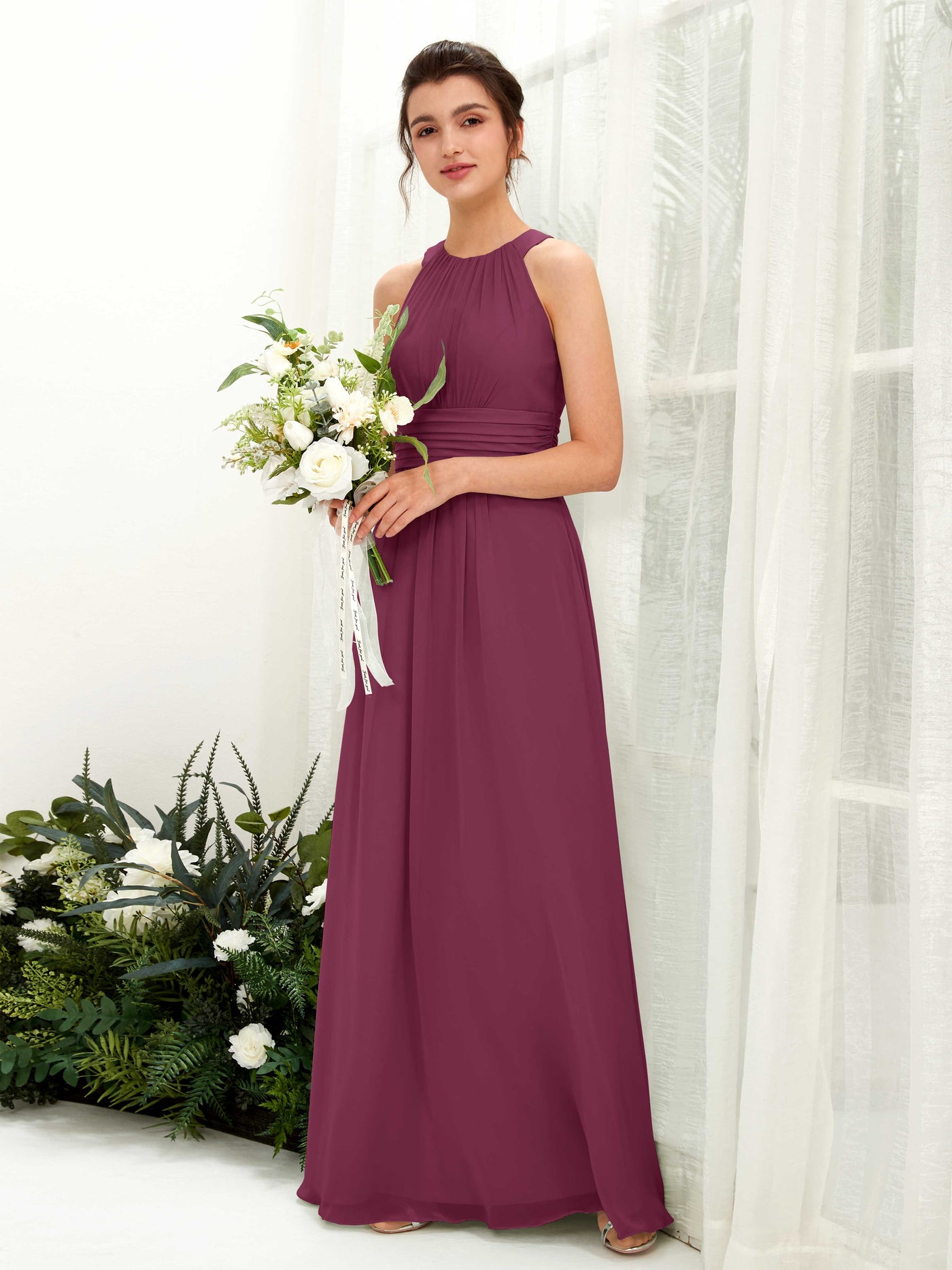 Chianti Bridesmaid Dresses Bridesmaid Dress A-line Chiffon Halter Full Length Sleeveless Wedding Party Dress (81221534)#color_chianti