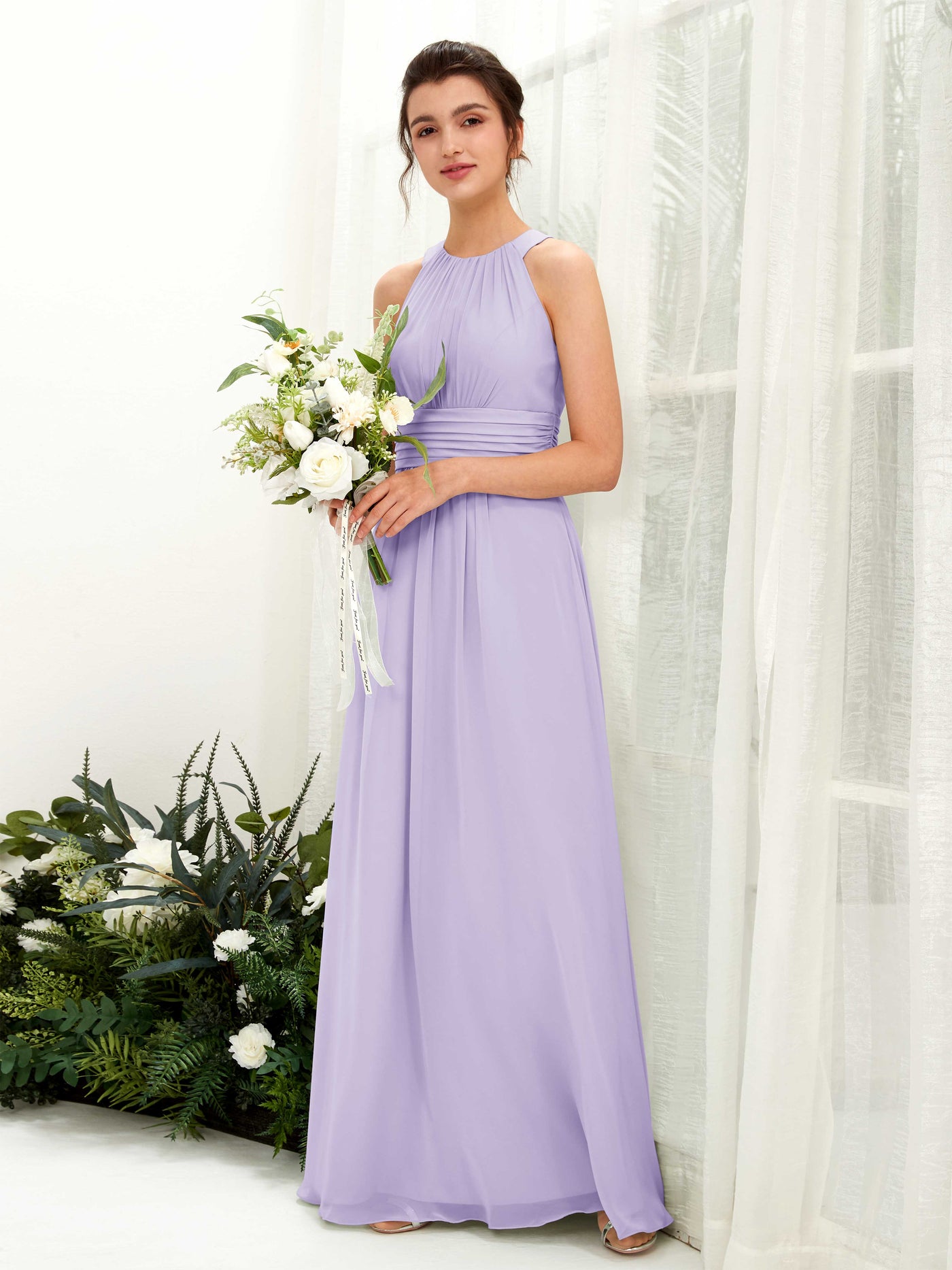 Lilac Bridesmaid Dresses Bridesmaid Dress A-line Chiffon Halter Full Length Sleeveless Wedding Party Dress (81221514)#color_lilac