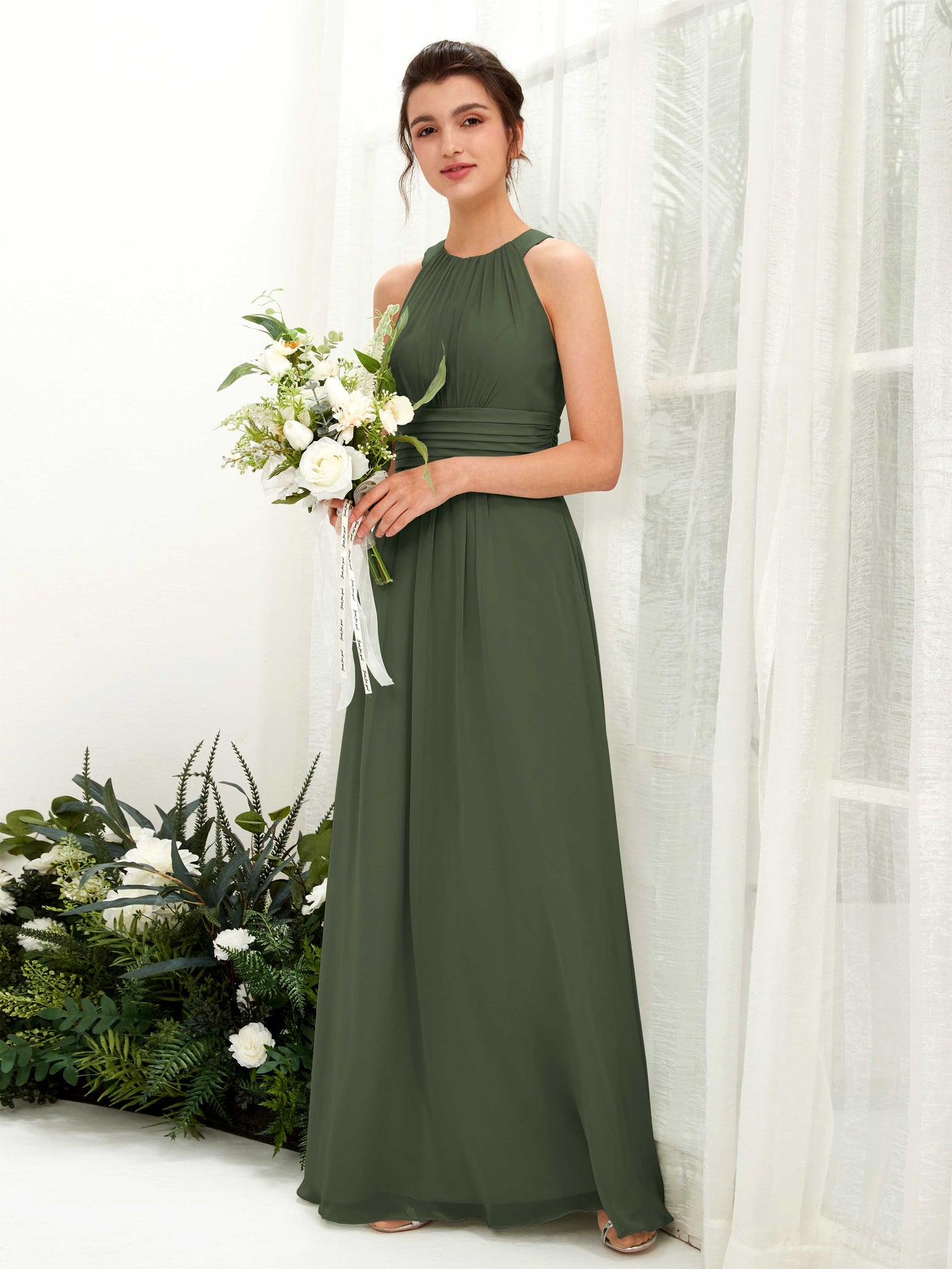 Martini Olive Bridesmaid Dresses Bridesmaid Dress A-line Chiffon Halter Full Length Sleeveless Wedding Party Dress (81221507)#color_martini-olive