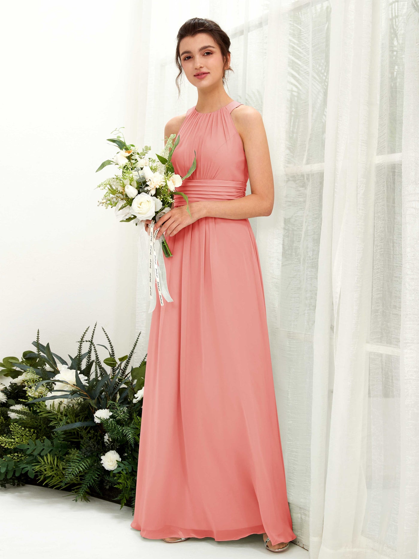 Peach Pink Bridesmaid Dresses Bridesmaid Dress A-line Chiffon Halter Full Length Sleeveless Wedding Party Dress (81221529)#color_peach-pink