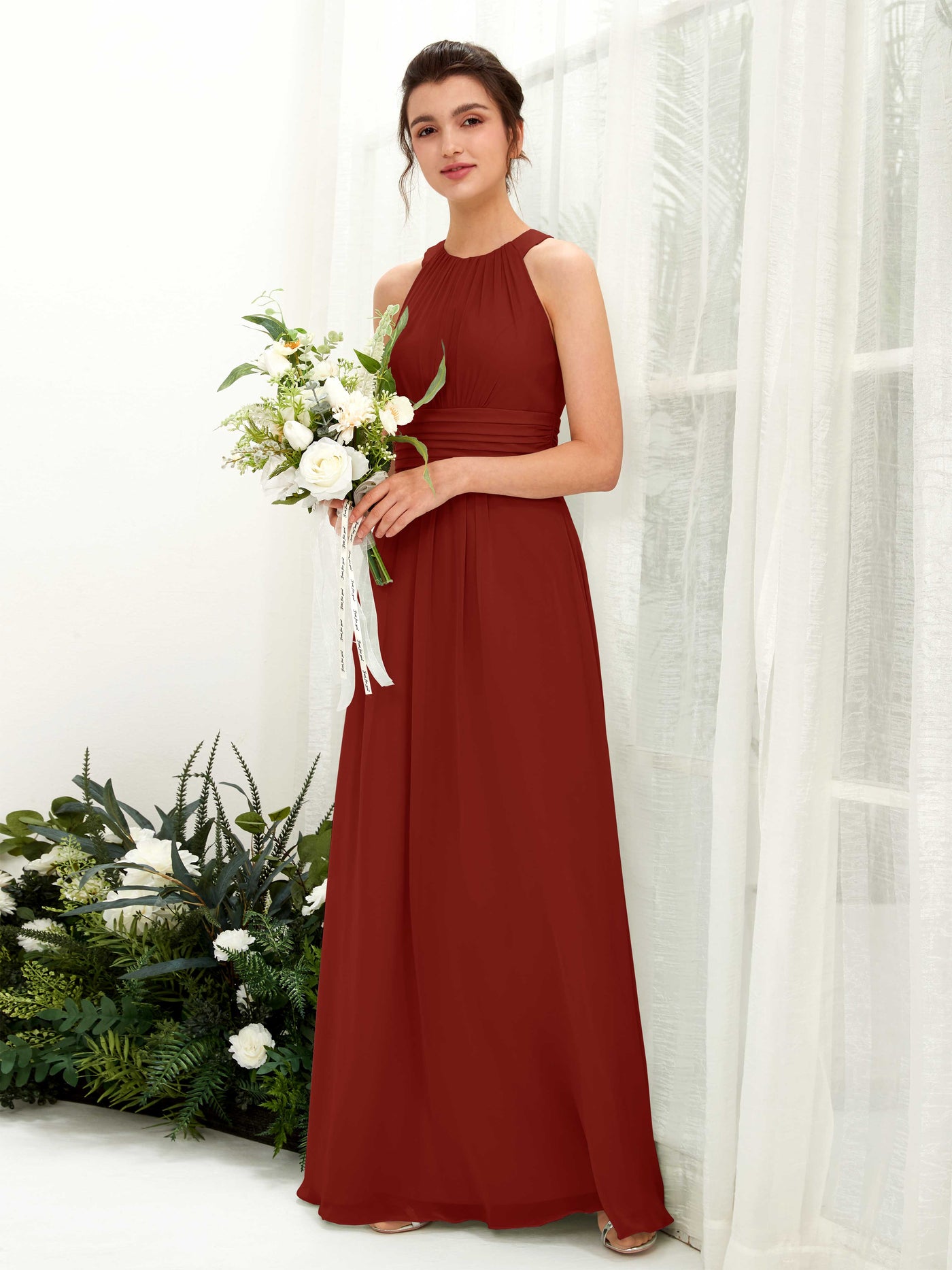 Rust Bridesmaid Dresses Bridesmaid Dress A-line Chiffon Halter Full Length Sleeveless Wedding Party Dress (81221519)#color_rust