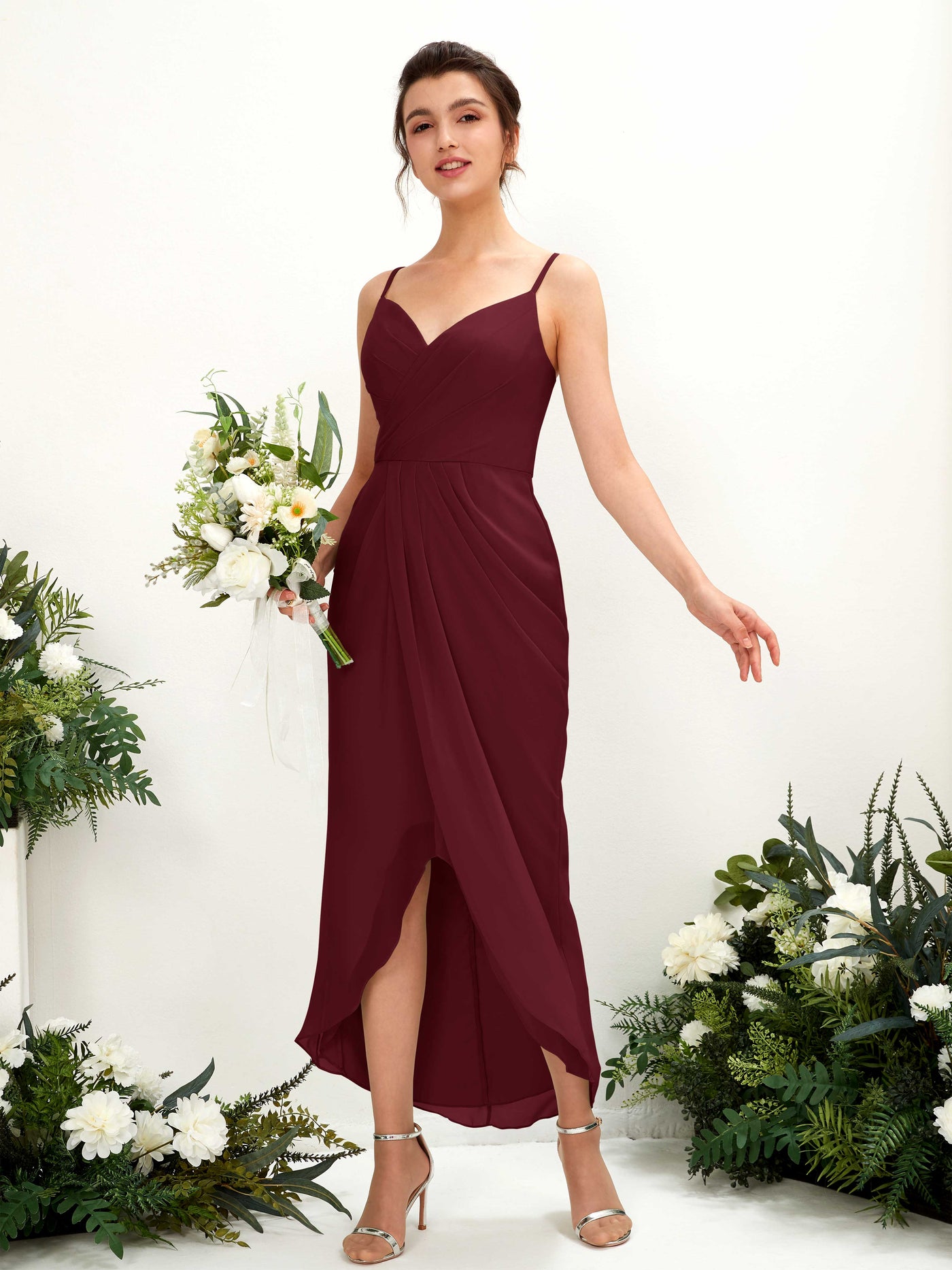 Burgundy Bridesmaid Dresses Bridesmaid Dress Chiffon Spaghetti-straps Tea Length Sleeveless Wedding Party Dress (81221312)#color_burgundy