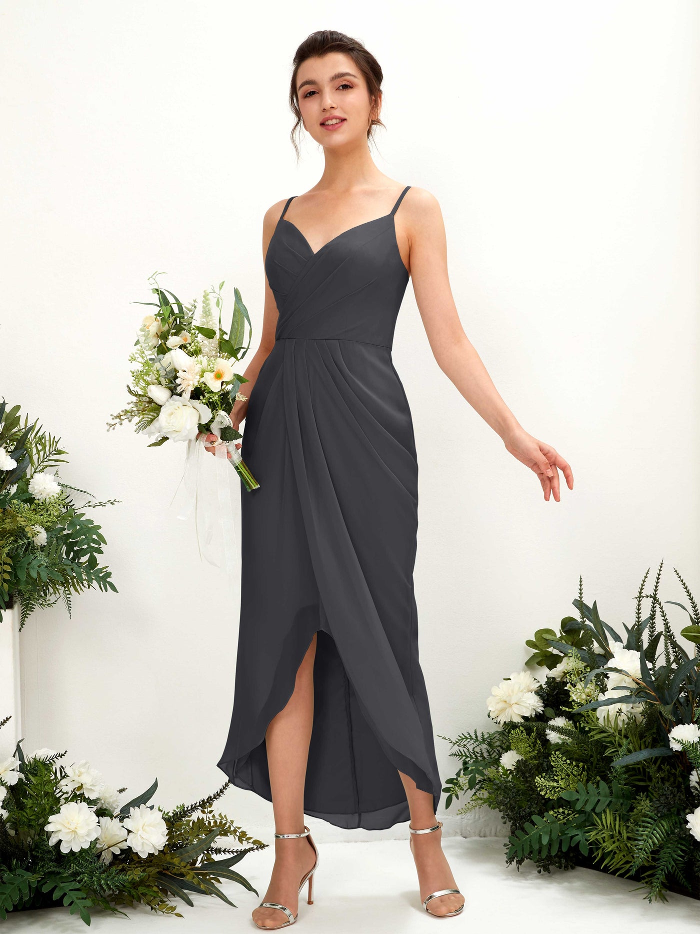 Pewter Bridesmaid Dresses Bridesmaid Dress Chiffon Spaghetti-straps Tea Length Sleeveless Wedding Party Dress (81221338)#color_pewter