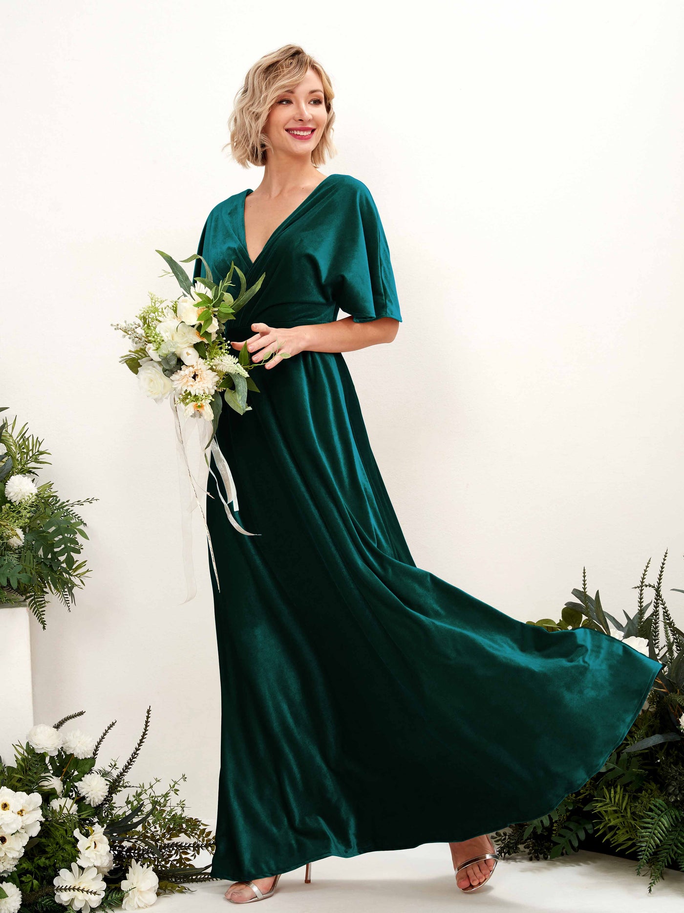 Hunter Green Bridesmaid Dresses Bridesmaid Dress A-line Velvet V-neck Full Length Short Sleeves Wedding Party Dress (80222827)#color_hunter-green