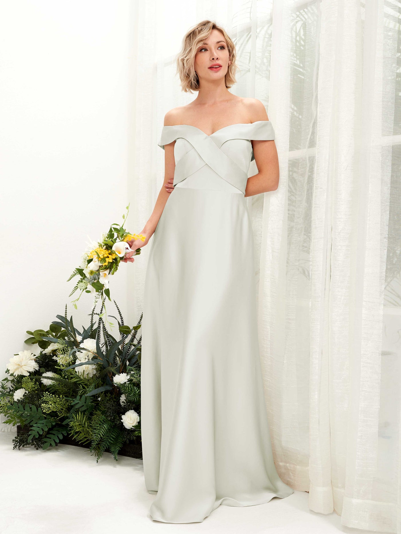 Ivory Bridesmaid Dresses Bridesmaid Dress A-line Satin Off Shoulder Full Length Short Sleeves Wedding Party Dress (80224276)#color_ivory