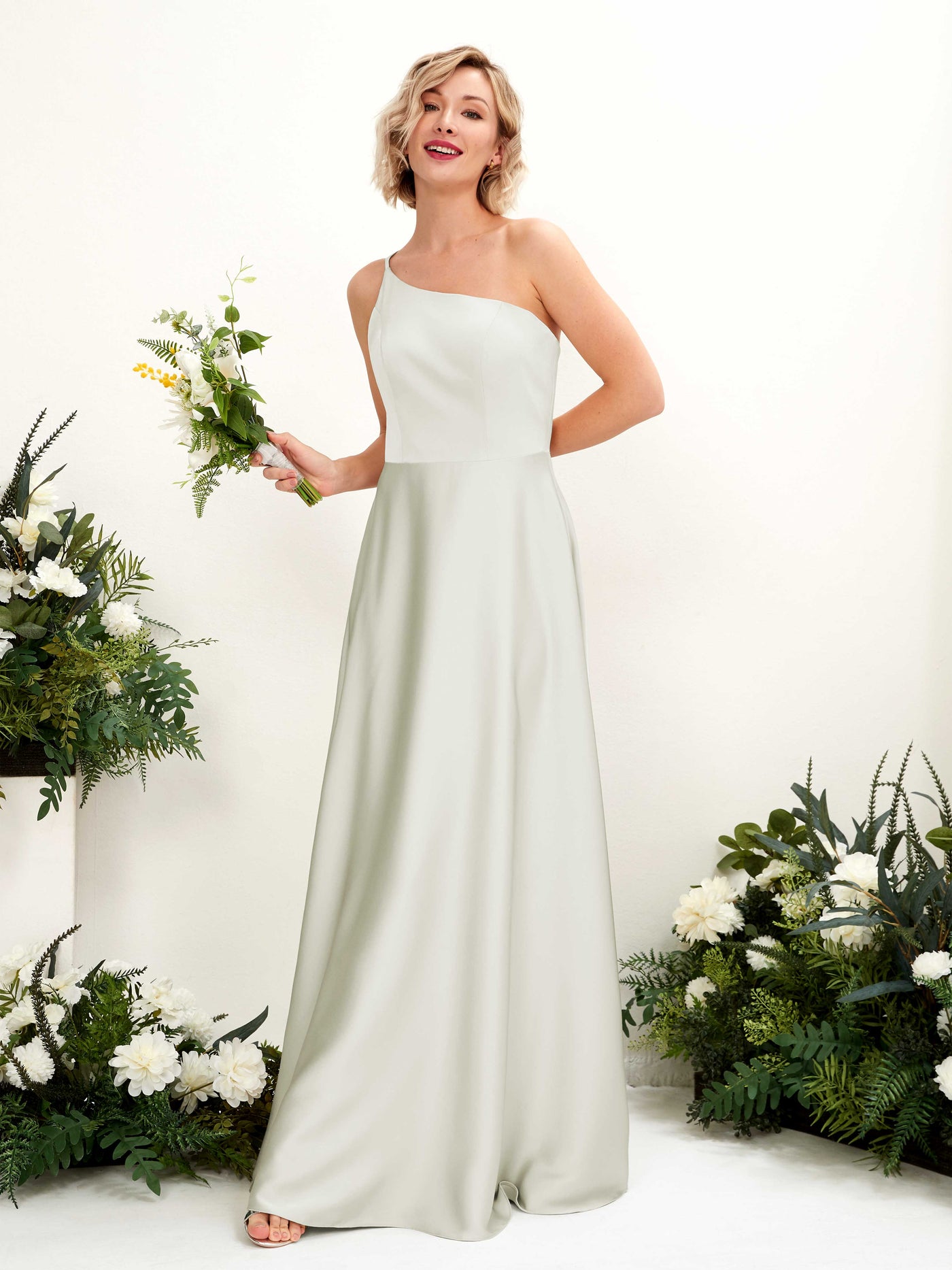 A-line Ball Gown One Shoulder Sleeveless Satin Bridesmaid Dress - Ivory (80224776)#color_ivory