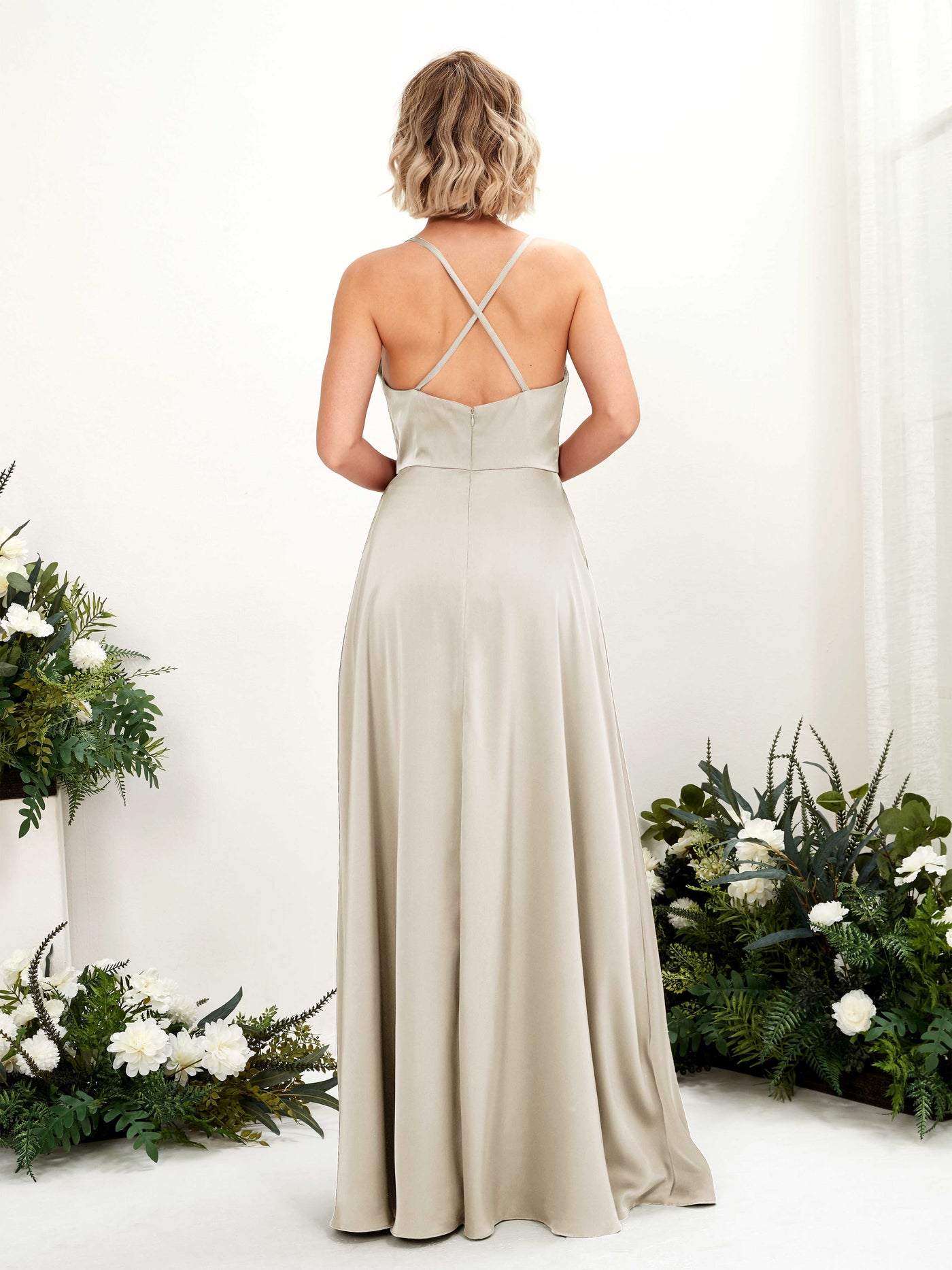 A-line Ball Gown Sexy Slit Straps Satin Bridesmaid Dress - Champagne (80222204)#color_champagne