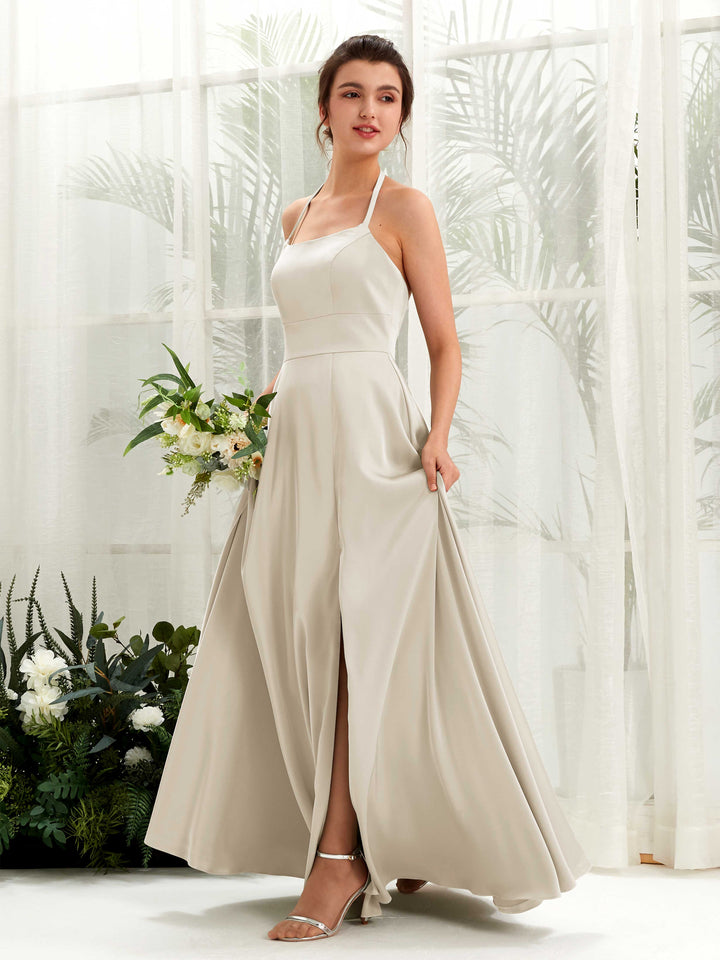 A-line Open back Sexy Slit Halter Bridesmaid Dress - Champagne (80223904)