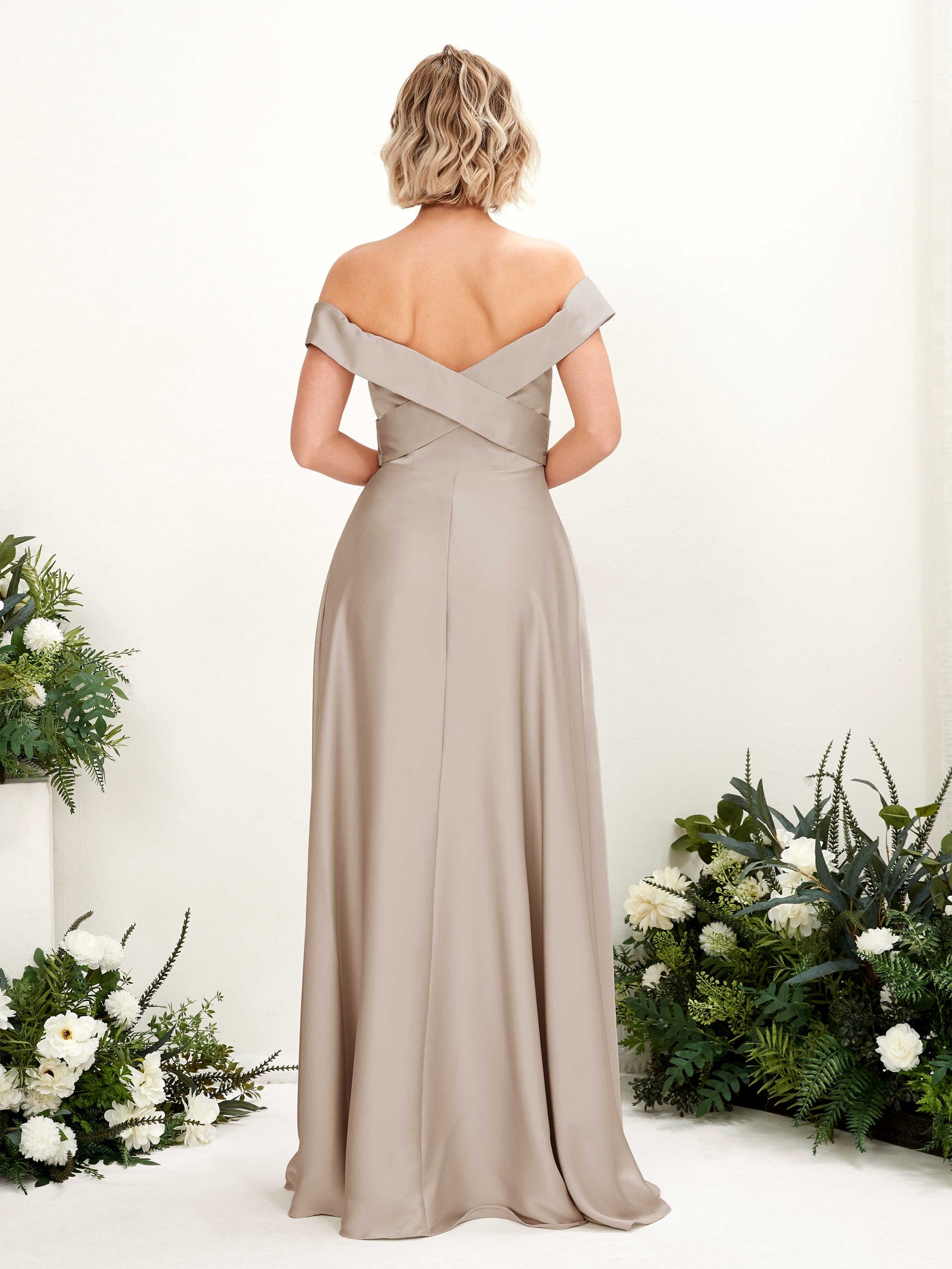 Taupe Bridesmaid Dresses Bridesmaid Dress A-line Satin Off Shoulder Full Length Short Sleeves Wedding Party Dress (80224202)#color_taupe
