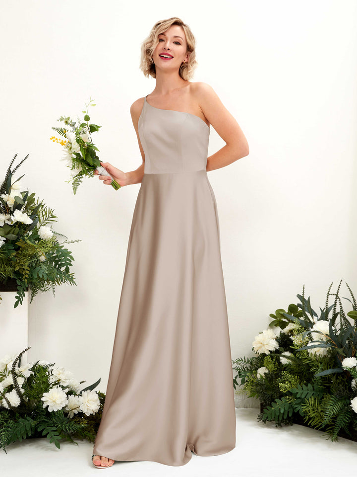 A-line Ball Gown One Shoulder Sleeveless Satin Bridesmaid Dress - Taupe (80224702)