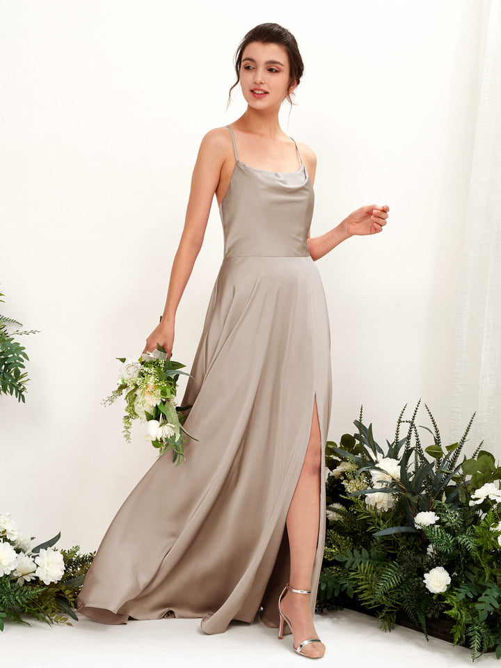 Ball Gown Sexy Slit Straps Sleeveless Satin Bridesmaid Dress - Taupe (80221102)