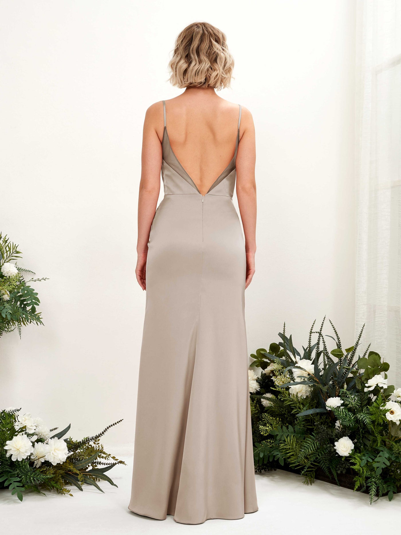 Open back Sexy Slit Spaghetti-straps Satin Bridesmaid Dress - Taupe (80222602)#color_taupe