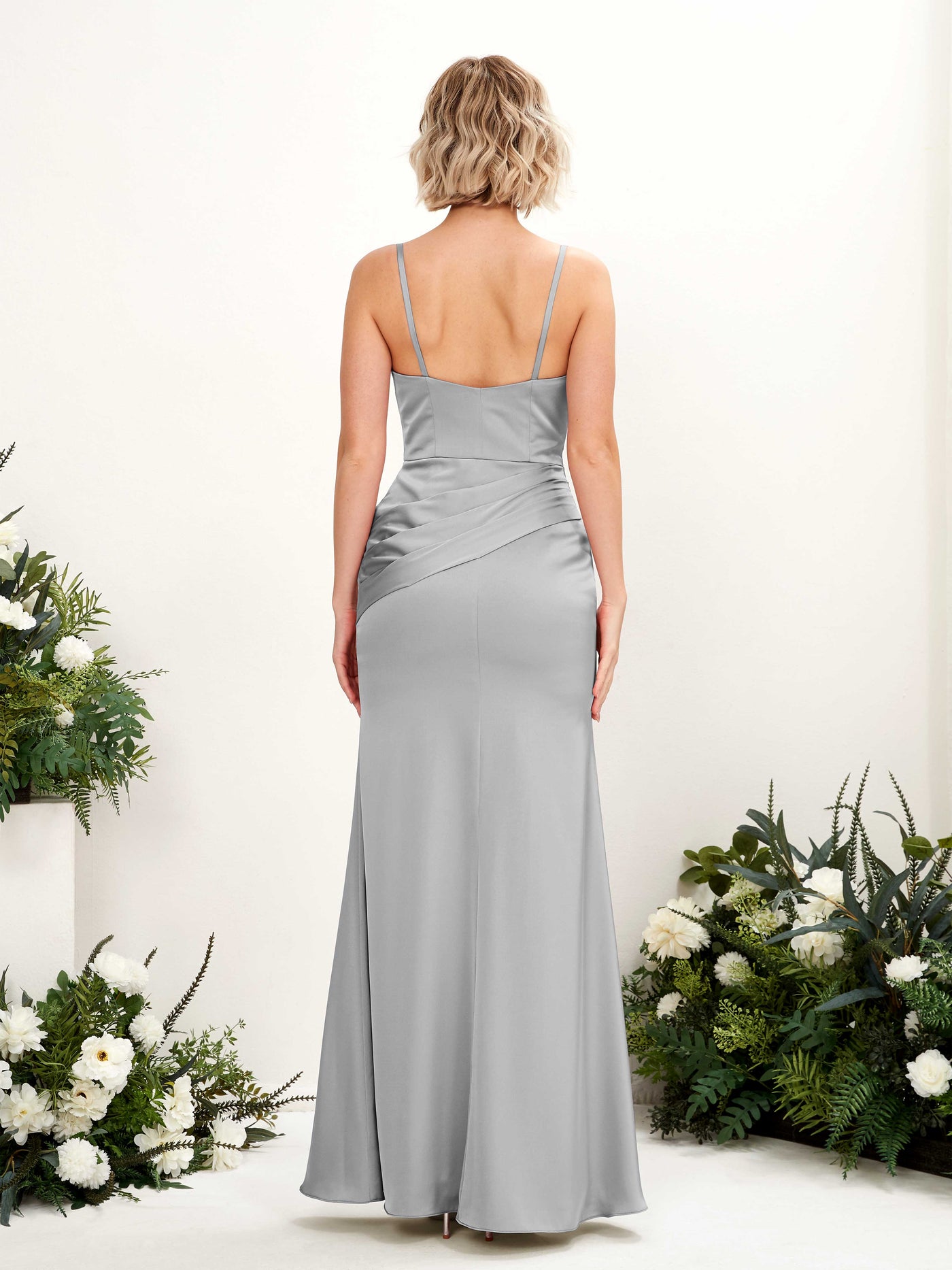 Straps V-neck Sleeveless Satin Bridesmaid Dress - Dove (80220811)#color_dove