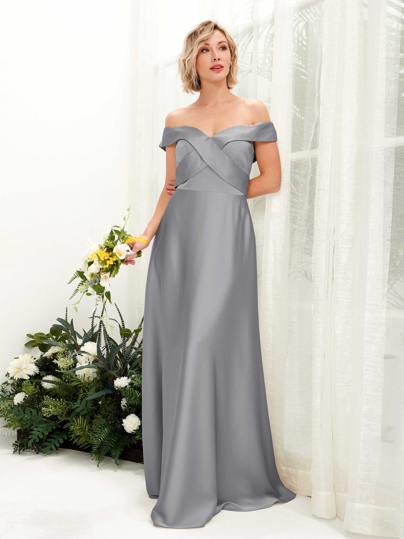 Steel Gray Bridesmaid Dresses Bridesmaid Dress A-line Satin Off Shoulder Full Length Short Sleeves Wedding Party Dress (80224207)#color_steel-gray