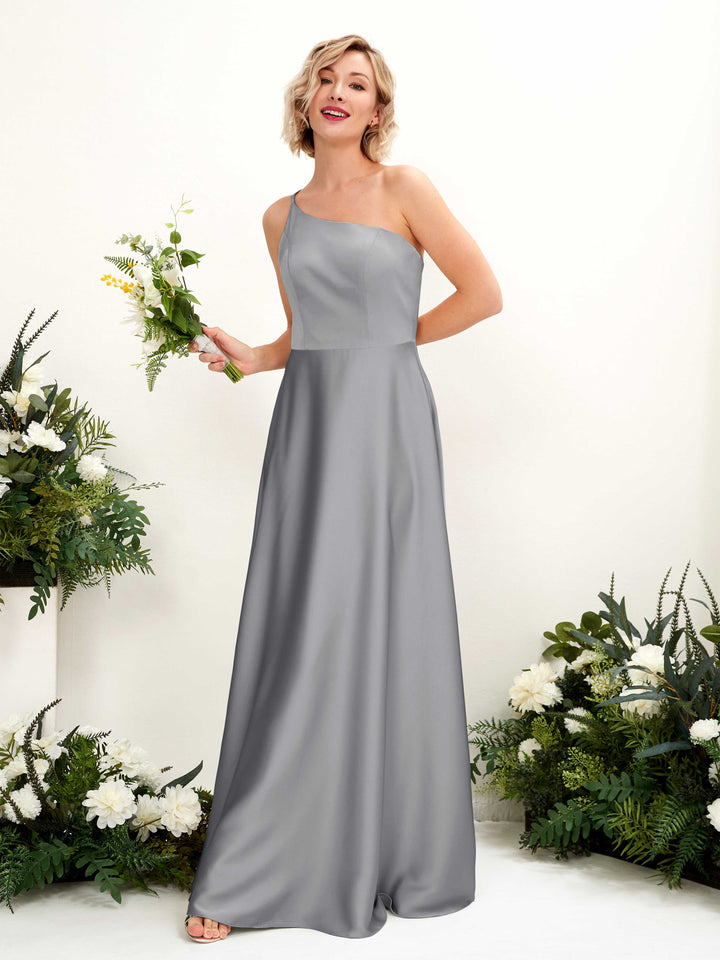 A-line Ball Gown One Shoulder Sleeveless Satin Bridesmaid Dress - Steel Gray (80224707)