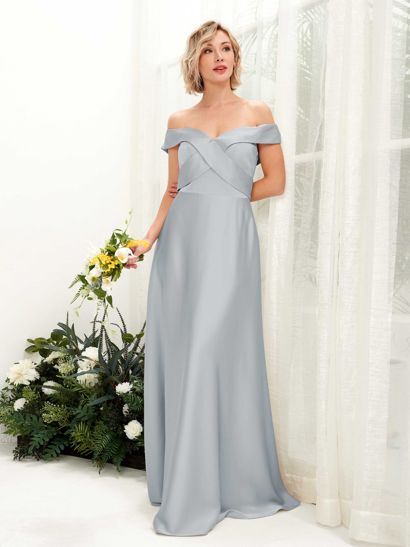 Baby Blue Bridesmaid Dresses Bridesmaid Dress A-line Satin Off Shoulder Full Length Short Sleeves Wedding Party Dress (80224201)#color_baby-blue