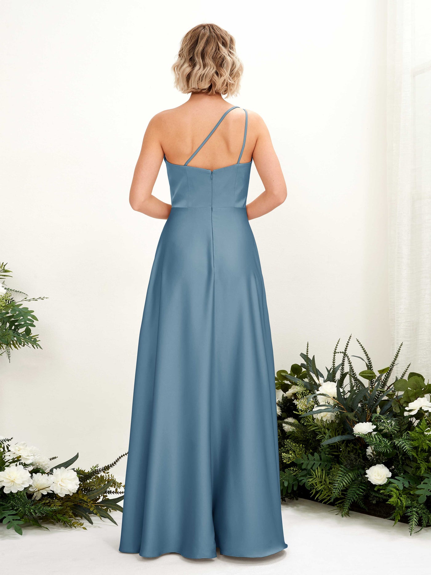 A-line Ball Gown One Shoulder Sleeveless Satin Bridesmaid Dress - Ink blue (80224714)#color_ink-blue