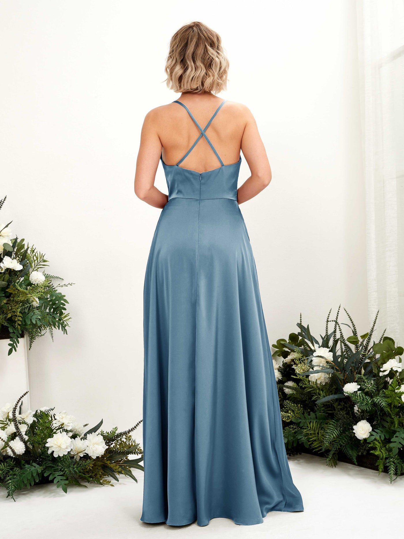 A-line Ball Gown Sexy Slit Straps Satin Bridesmaid Dress - Ink blue (80222214)#color_ink-blue