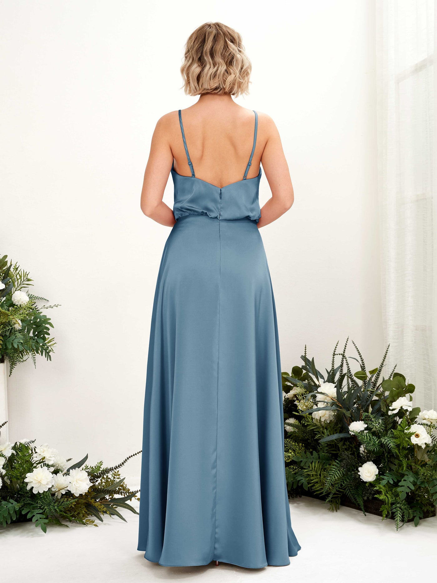 A-line Sexy Slit Spaghetti-straps V-neck Satin Bridesmaid Dress - Ink blue (80224514)#color_ink-blue