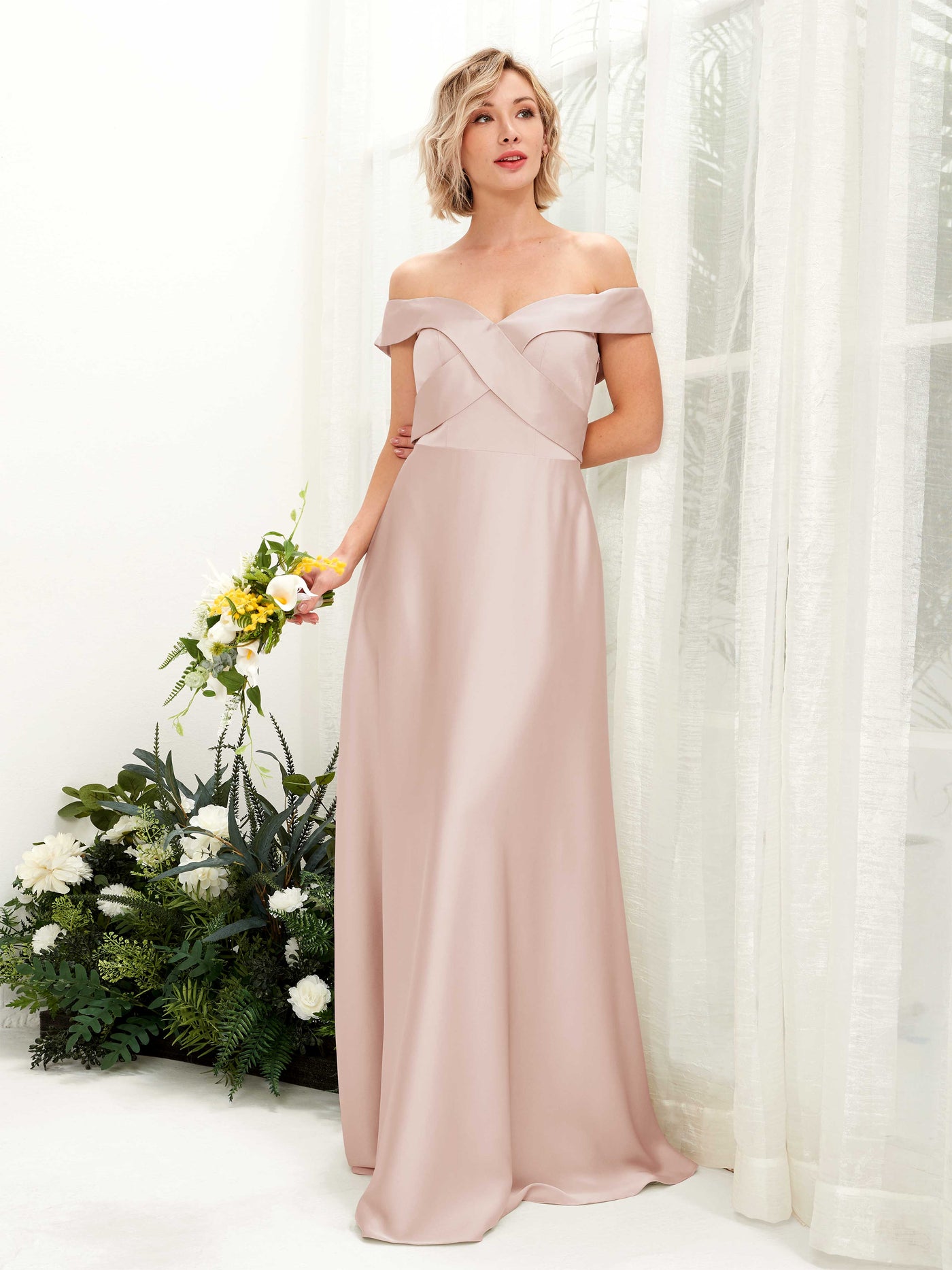 A-line Ball Gown Off Shoulder Sweetheart Satin Bridesmaid Dress - Pearl Pink (80224210)#color_pearl-pink