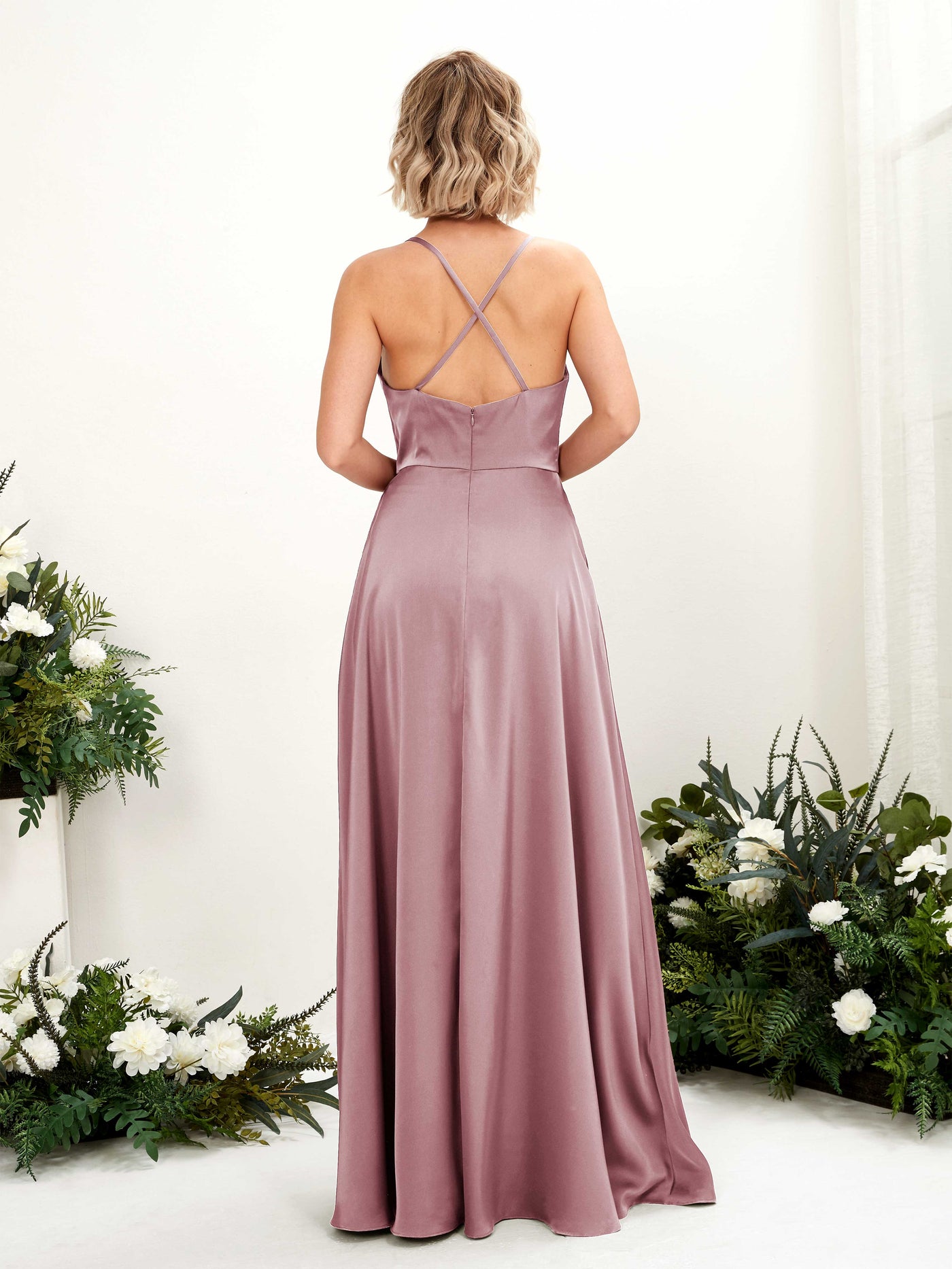 A-line Ball Gown Sexy Slit Straps Satin Bridesmaid Dress - Rose Quartz (80222266)#color_rose-quartz