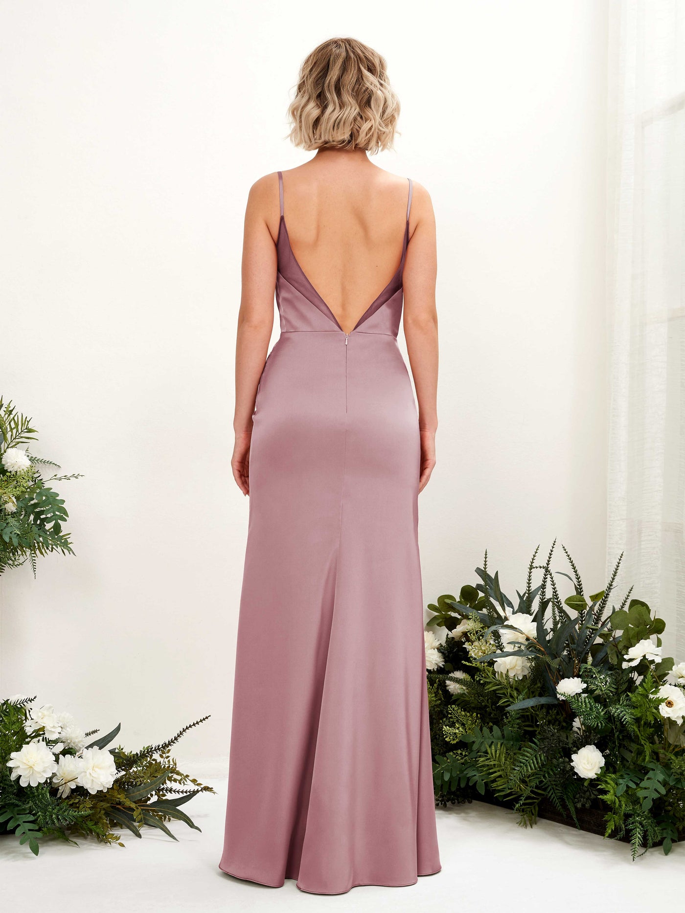 Open back Sexy Slit Spaghetti-straps Satin Bridesmaid Dress - Rose Quartz (80222666)#color_rose-quartz