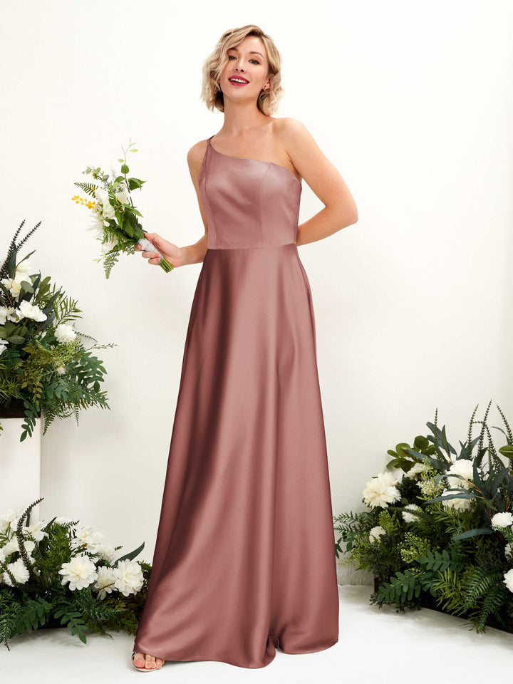 A-line Ball Gown One Shoulder Sleeveless Satin Bridesmaid Dress - Desert Rose (80224717)