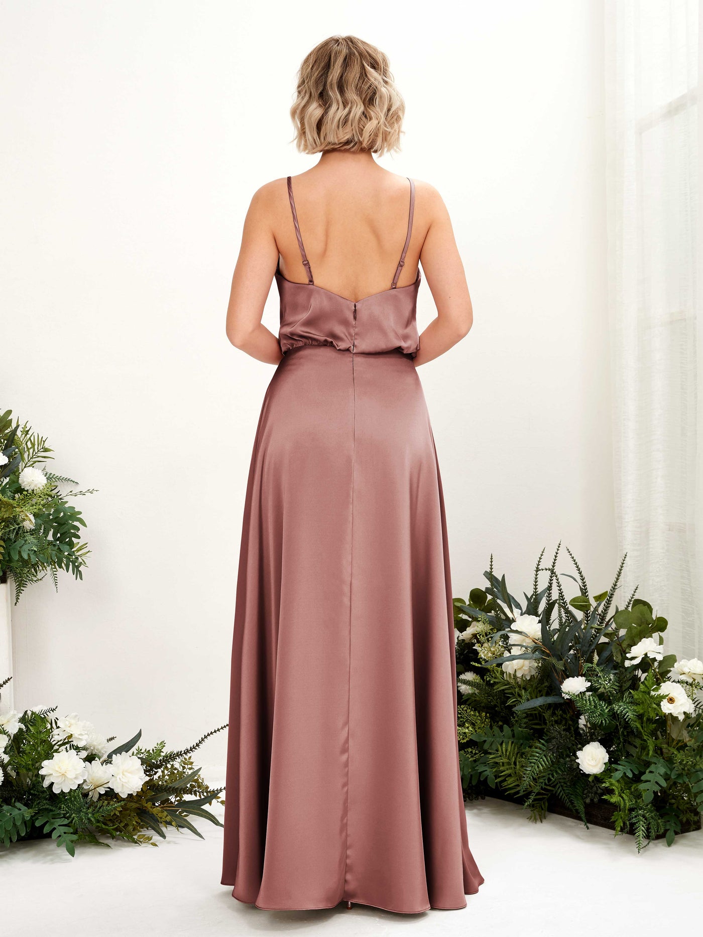 A-line Sexy Slit Spaghetti-straps V-neck Satin Bridesmaid Dress - Desert Rose (80224517)#color_desert-rose