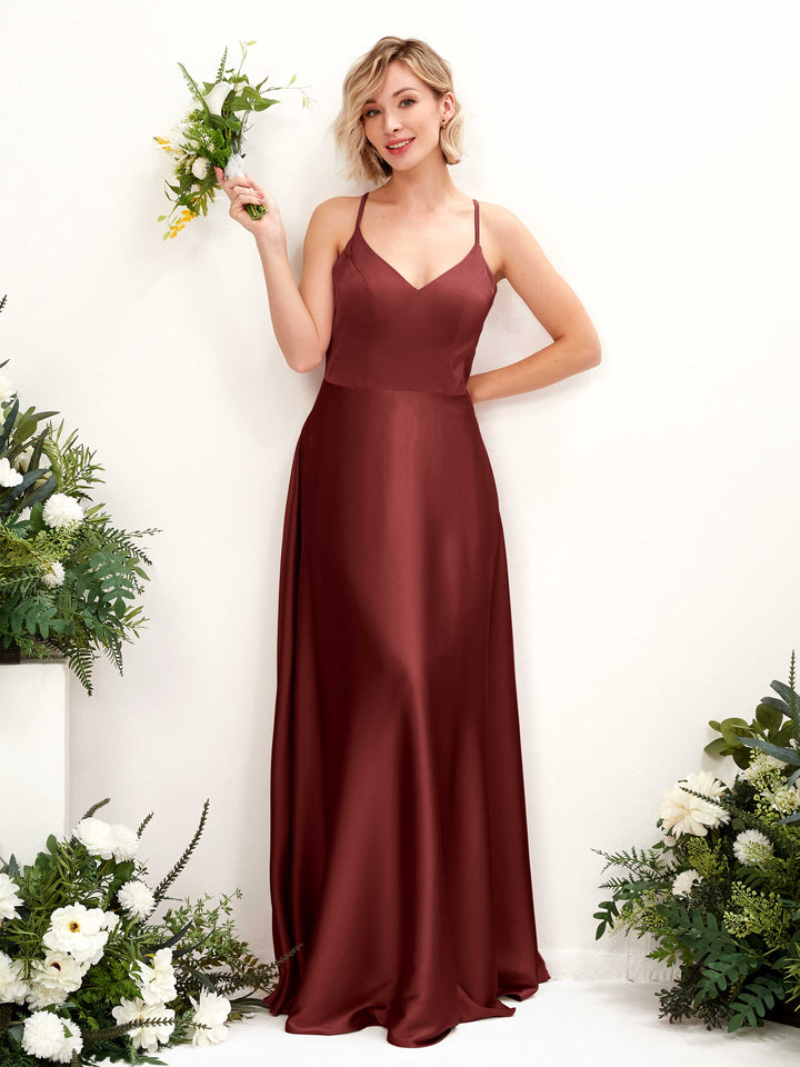 A-line Straps V-neck Satin Bridesmaid Dress - Burgundy (80224868)