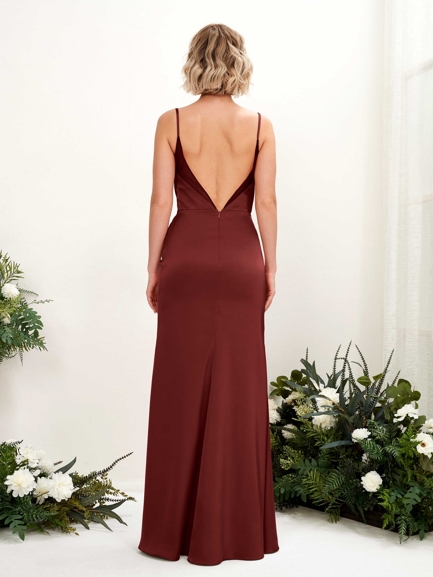 Open back Sexy Slit Spaghetti-straps Satin Bridesmaid Dress - Burgundy (80222668)#color_burgundy