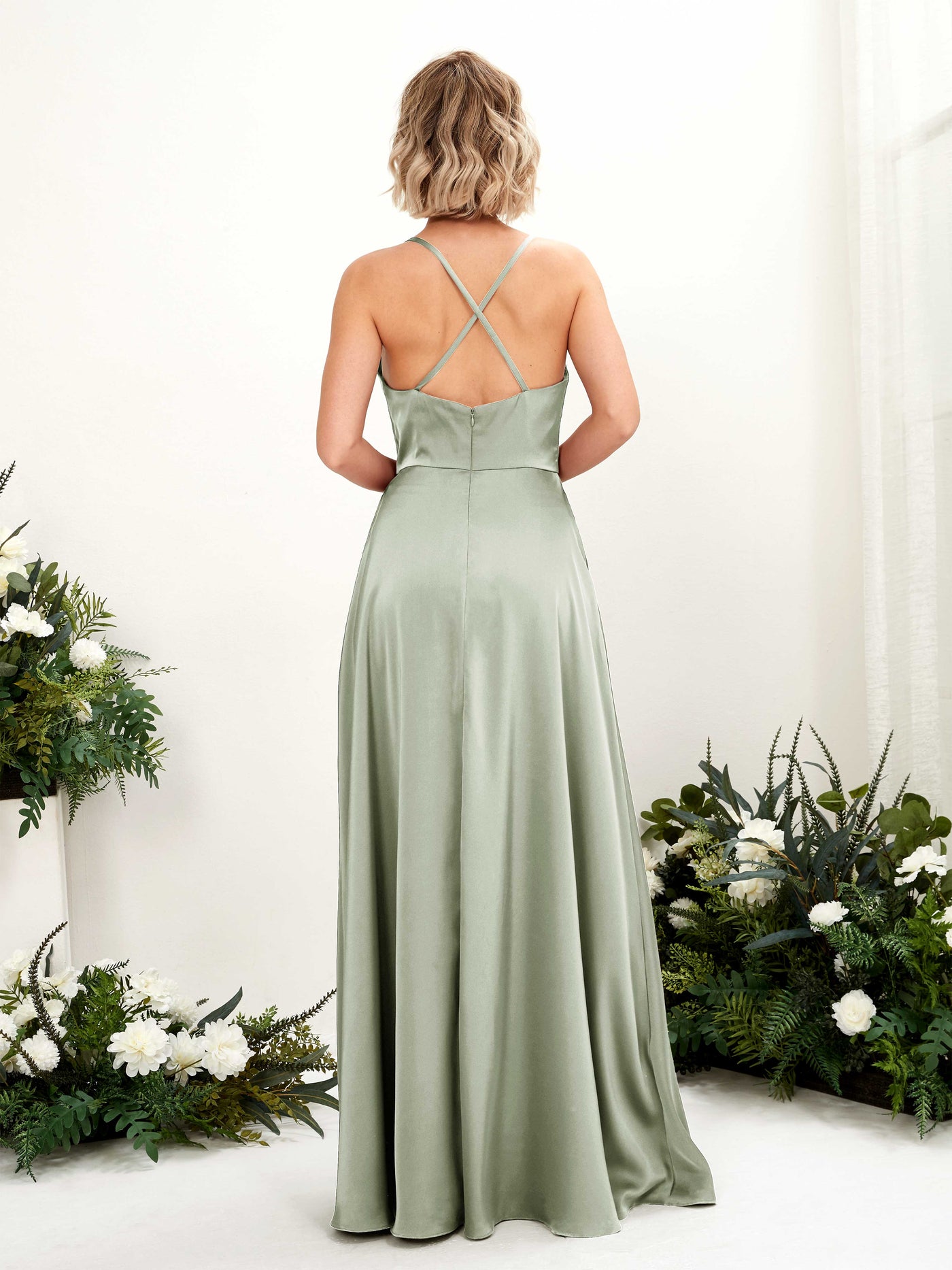 A-line Ball Gown Sexy Slit Straps Satin Bridesmaid Dress - Sage Green (80222212)#color_sage-green