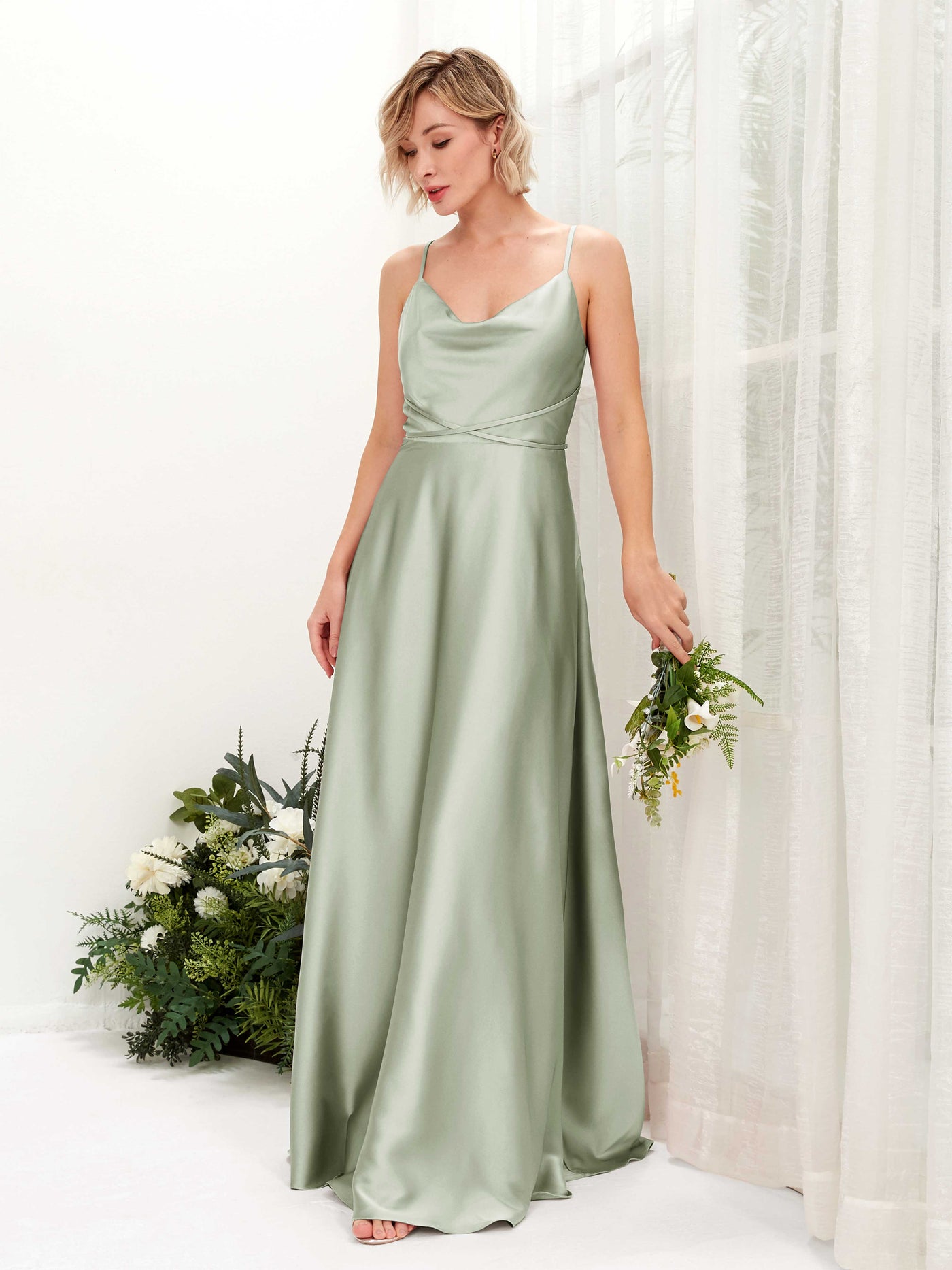 A-line Open back Straps Sleeveless Satin Bridesmaid Dress - Sage Green (80223112)#color_sage-green