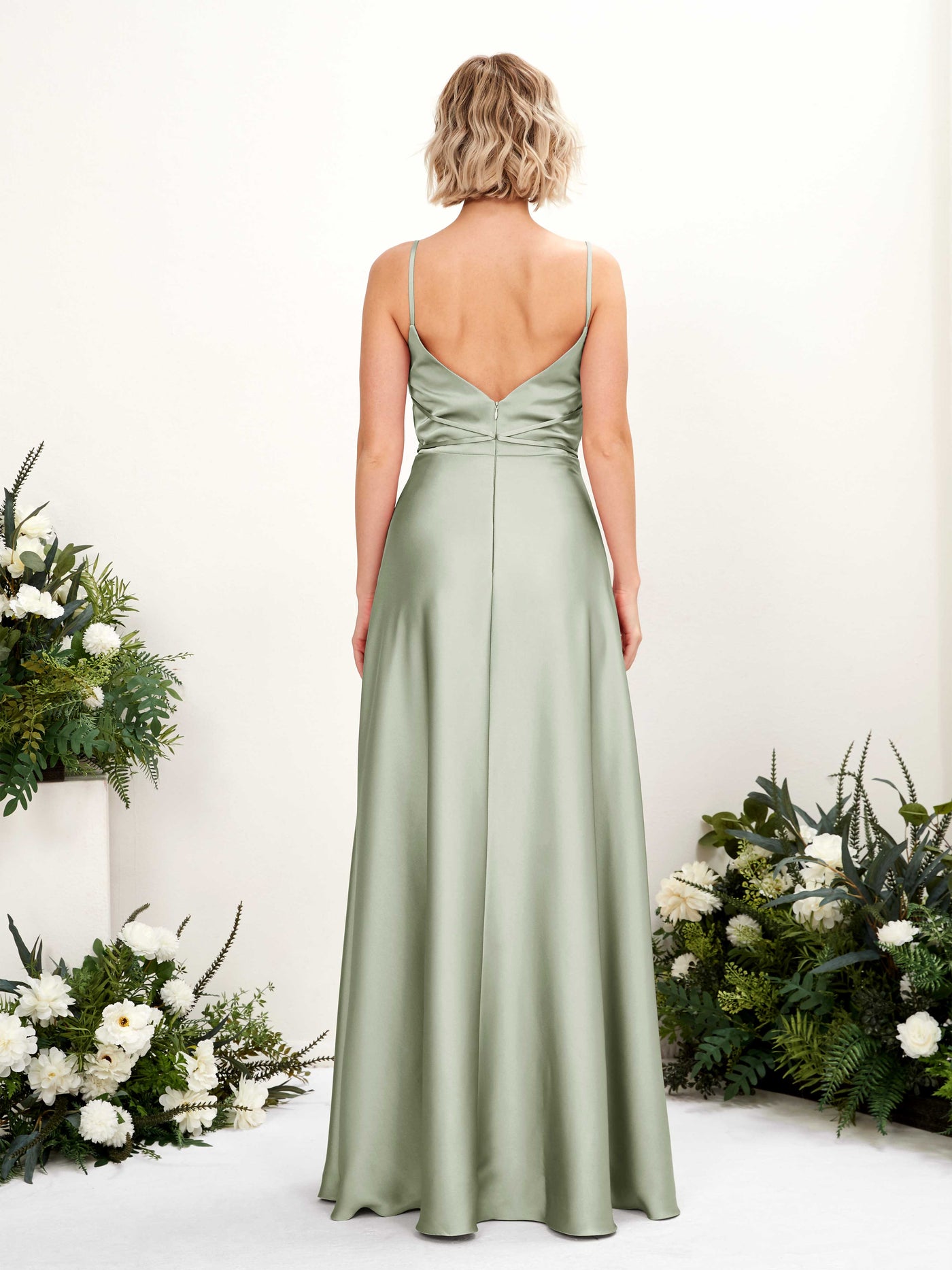 A-line Open back Straps Sleeveless Satin Bridesmaid Dress - Sage Green (80223112)#color_sage-green